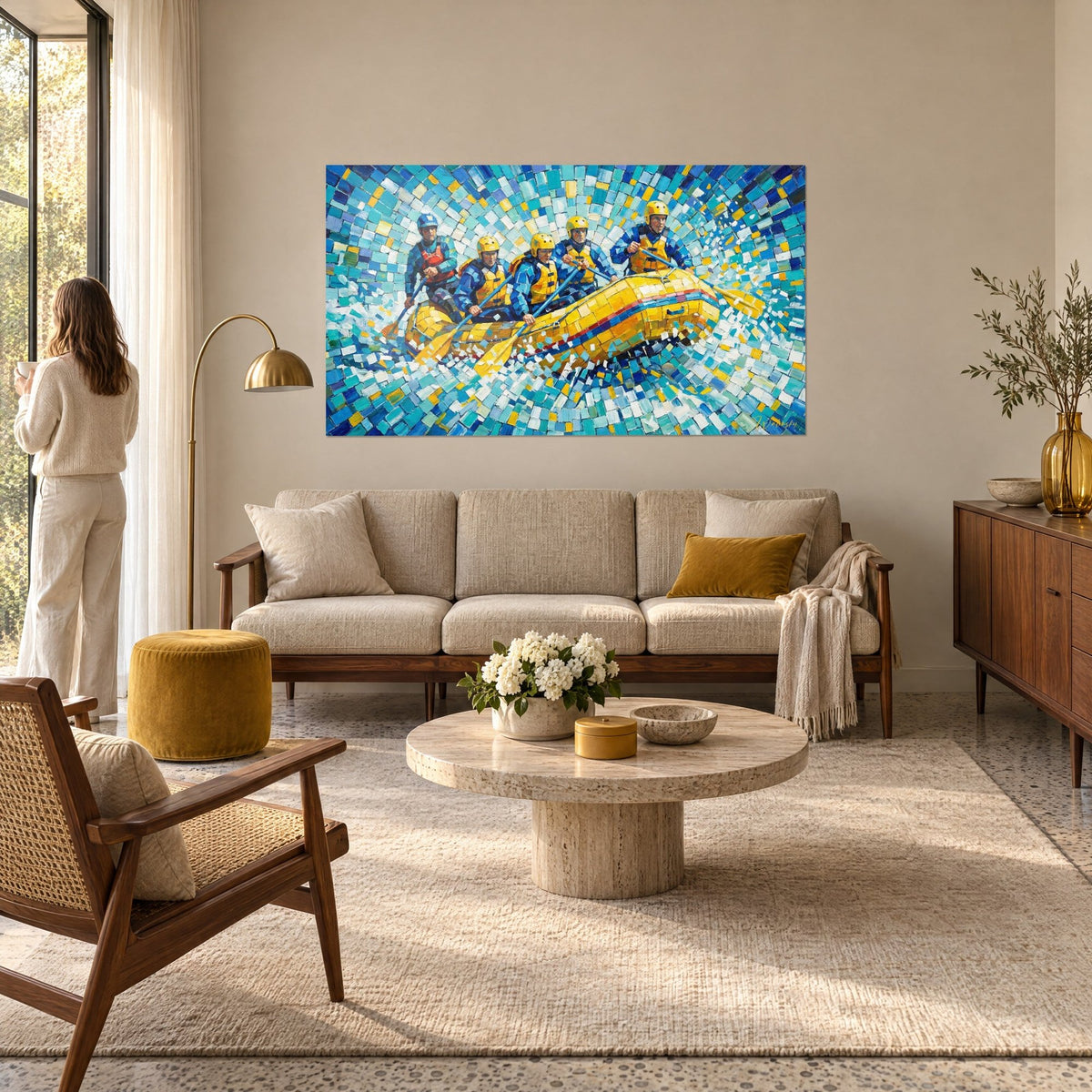 Wall art yellow inflatable raft launched into turquoise blue foam, mosaic of dabs, above a sofa in a bright living room