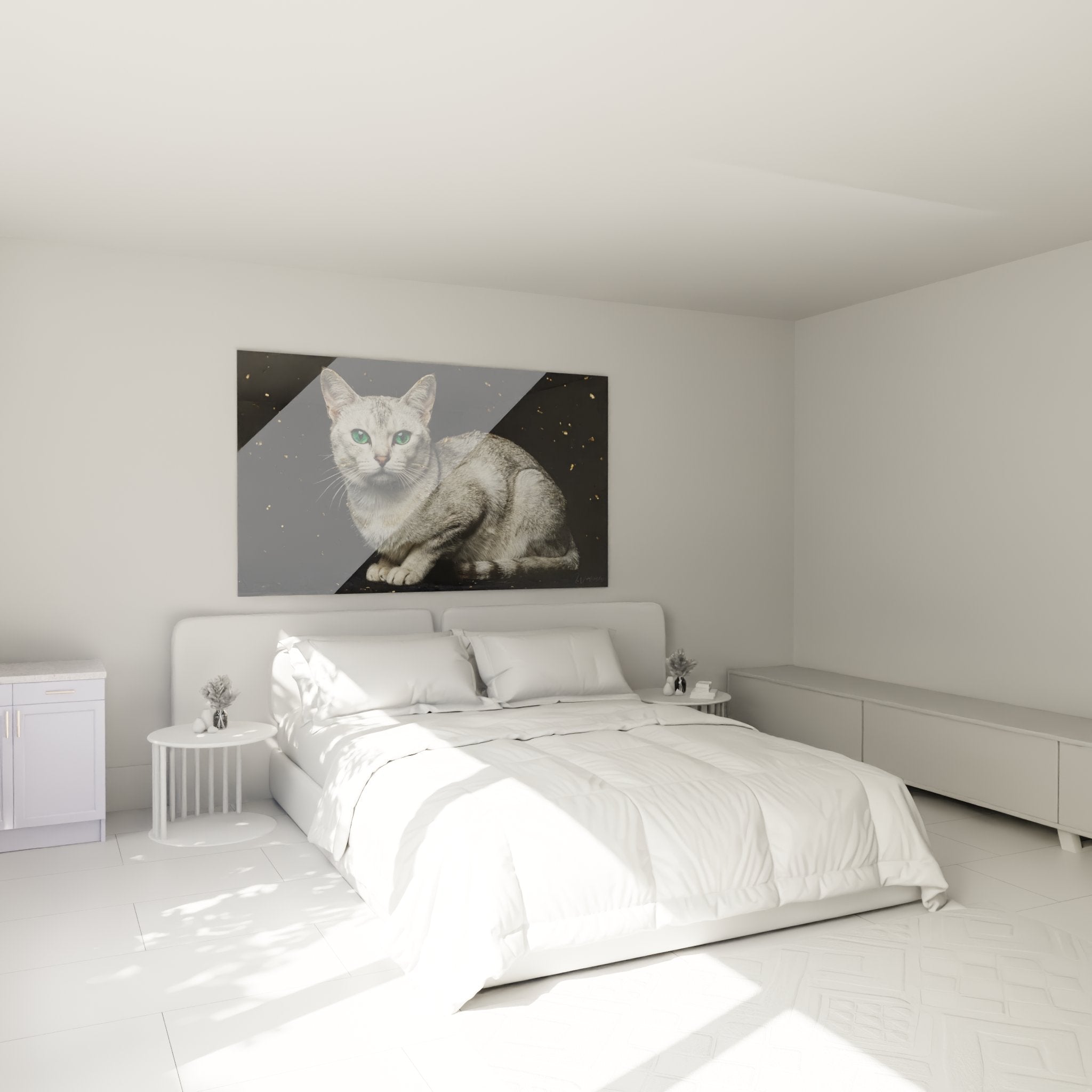 Decoration murale chat Burmilla dans chambre moderne, tableau au regard emeraude enchanteur sur mur
