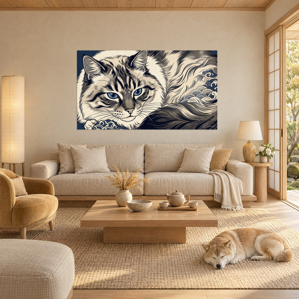 Gemälde Ragdoll-Katze mit blauen Augen im japanischen Holzschnittstil, cremefarbenes und indigoblaues Fell, stilisierte Wellen, über einem Sofa in einem hellen Wohnzimmer