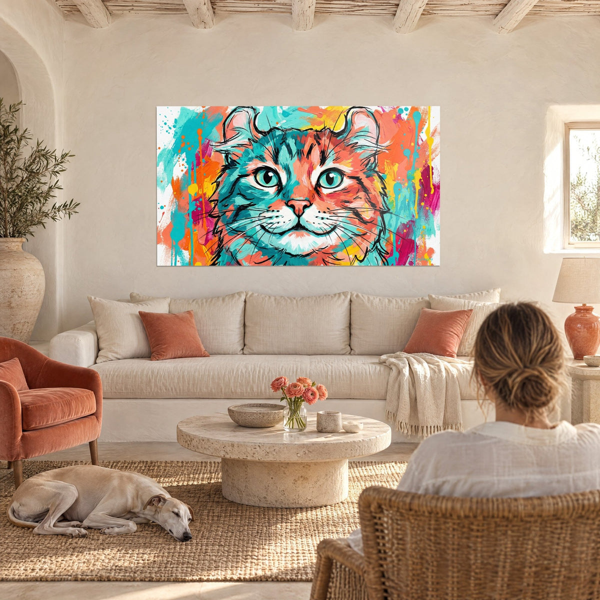 Schilderij kat American Curl met turquoise ogen en krullende oren, oranje spetters, boven een bank in een lichte woonkamer