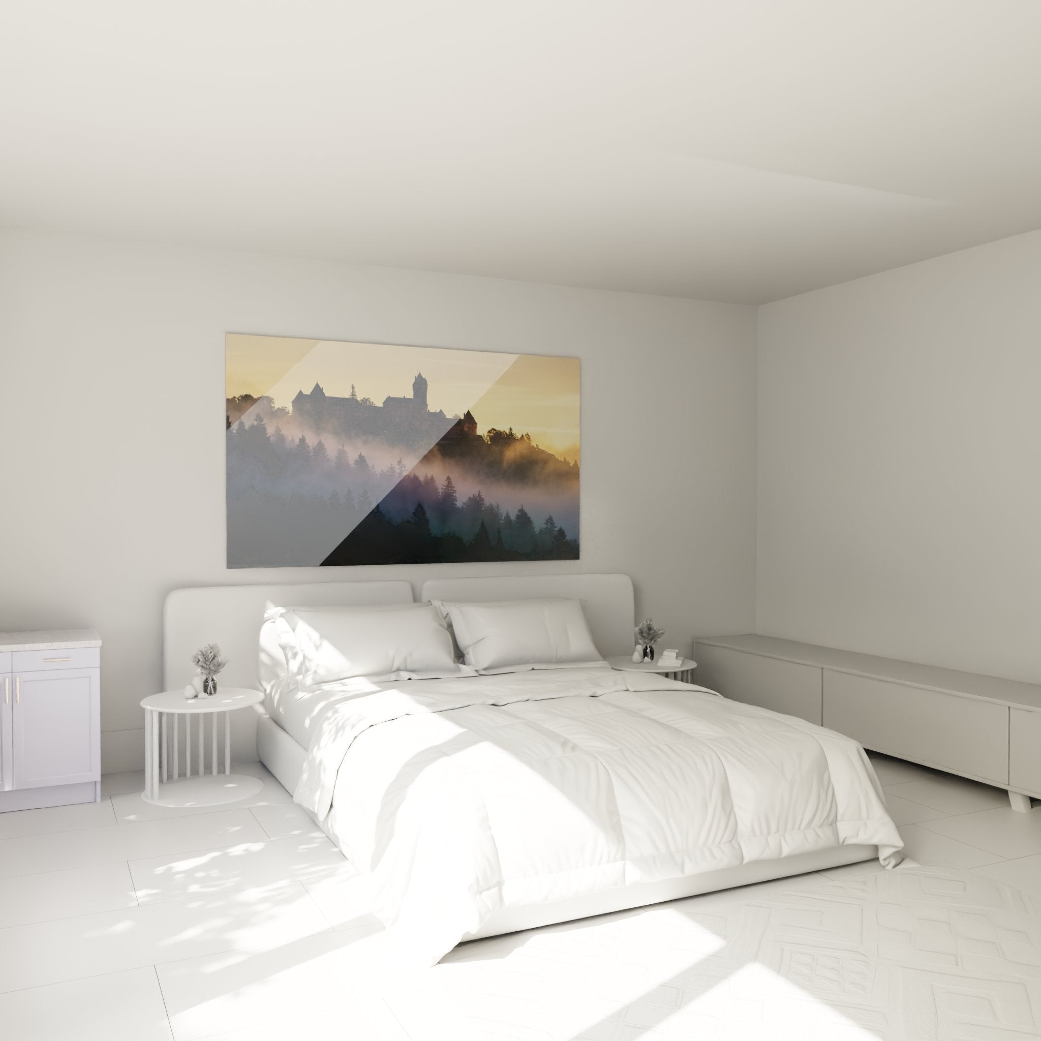 Déco chambre avec tableau château alsacien, ambiance romantique et chaleureuse dans brumes dorées