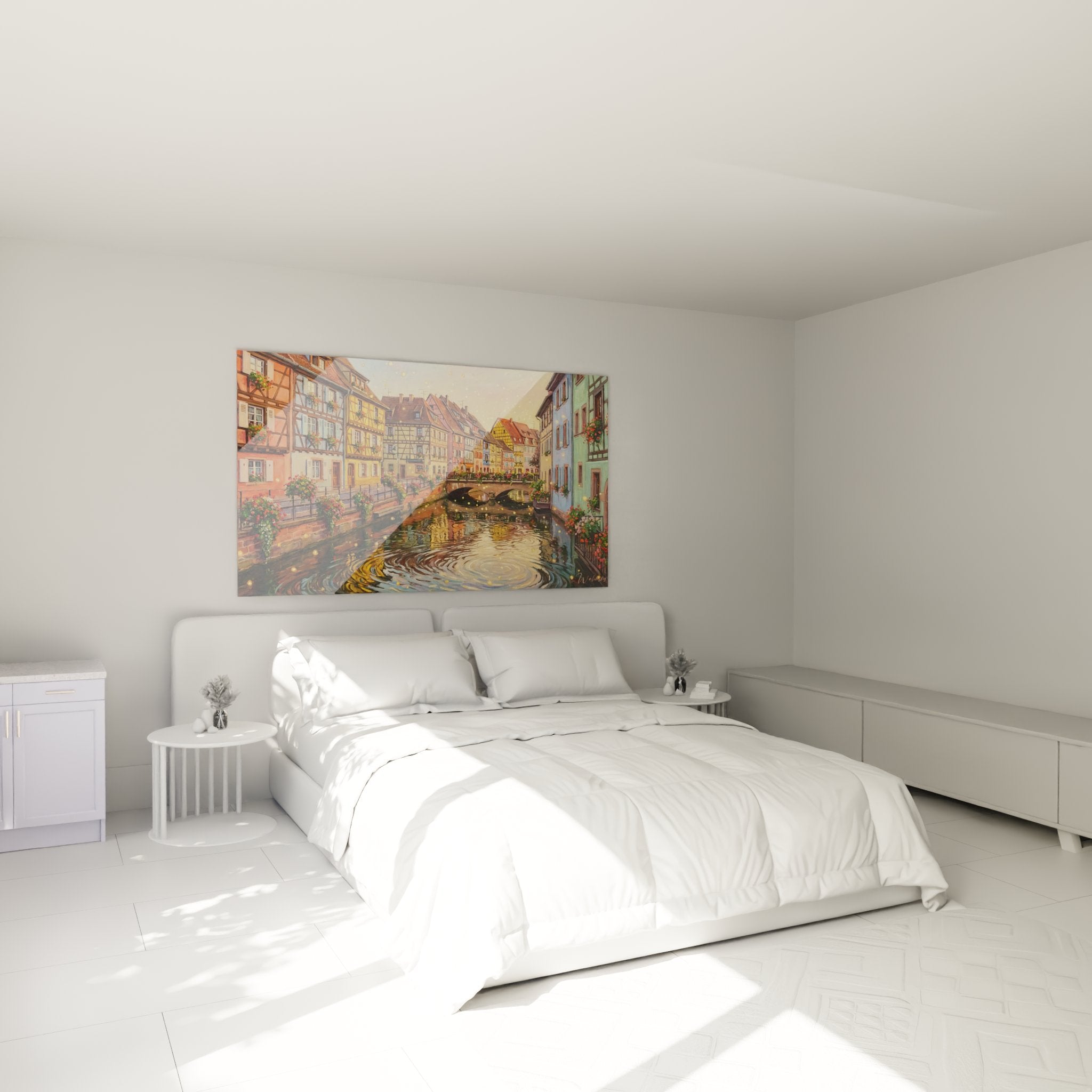Tableau canal Colmar dans chambre moderne, art mural alsacien maisons colombages, decoration interieure