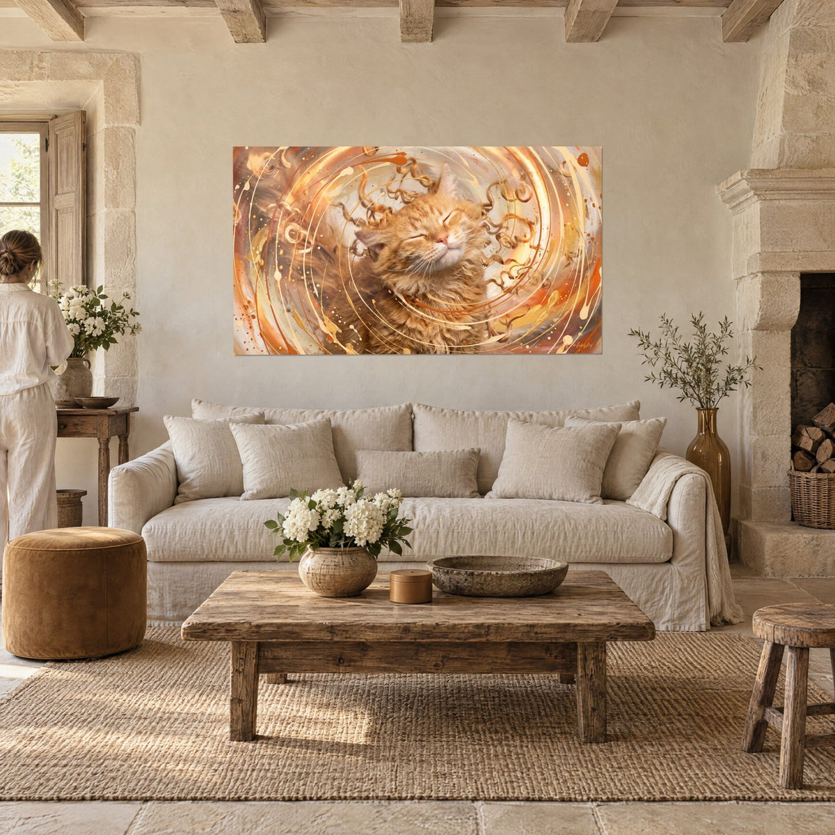Quadro gatto rosso dagli occhi chiusi, spirale dorata e rame, appeso sopra un divano in un soggiorno luminoso