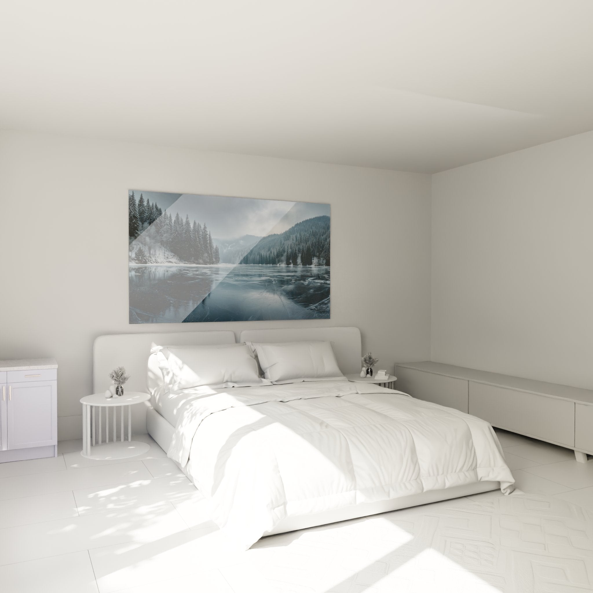 Deco chambre tableau lac gele Vosges ambiance apaisante paysage hivernal montagne decoration murale