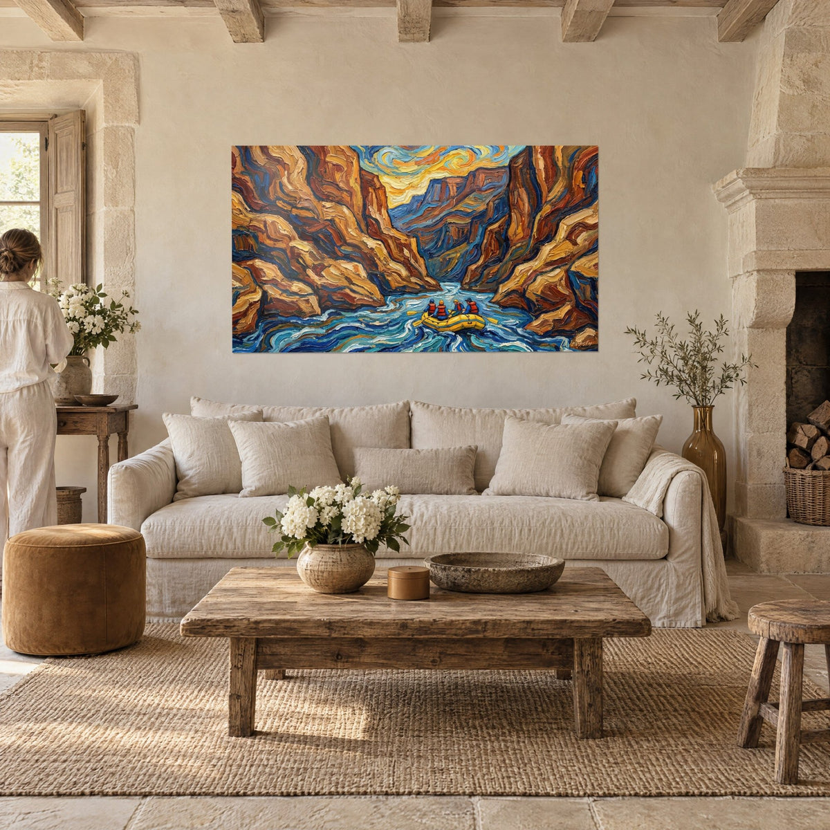 Wall art Yellow raft on turquoise rapids, ochre and brown cliffs in thick brushstrokes, above a sofa in a bright living room
