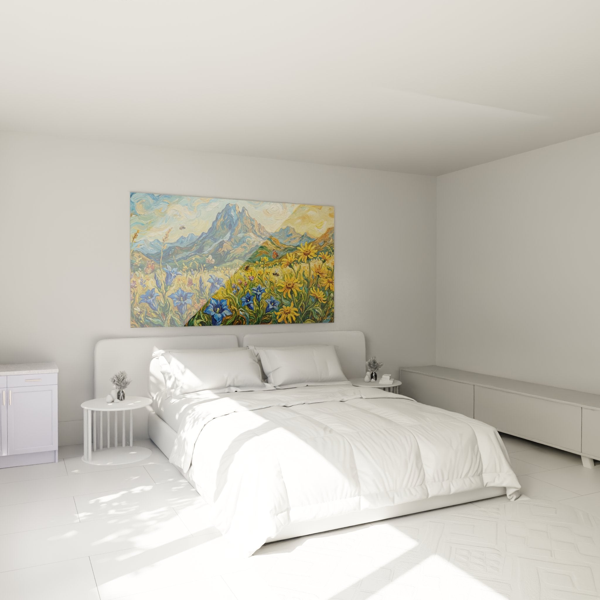 Déco chambre tableau prairie fleurie Pyrénées iris bleus papillons montagnes art mural nature