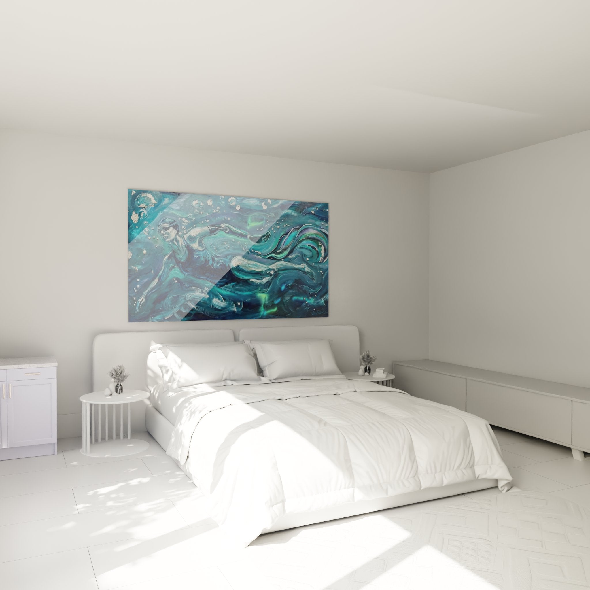 Decoration murale chambre tableau nageur paralympique bleu art sportif moderne inspirant perseverance