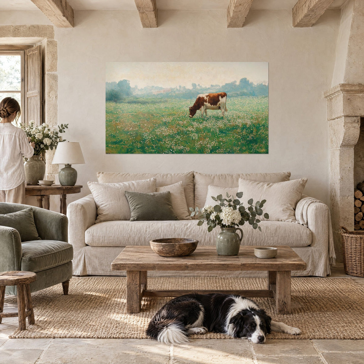 Tableau vache pie rousse broutant un pré fleuri, vert tendre et roux, collie couché devant, au-dessus d'un canapé dans un salon lumineux