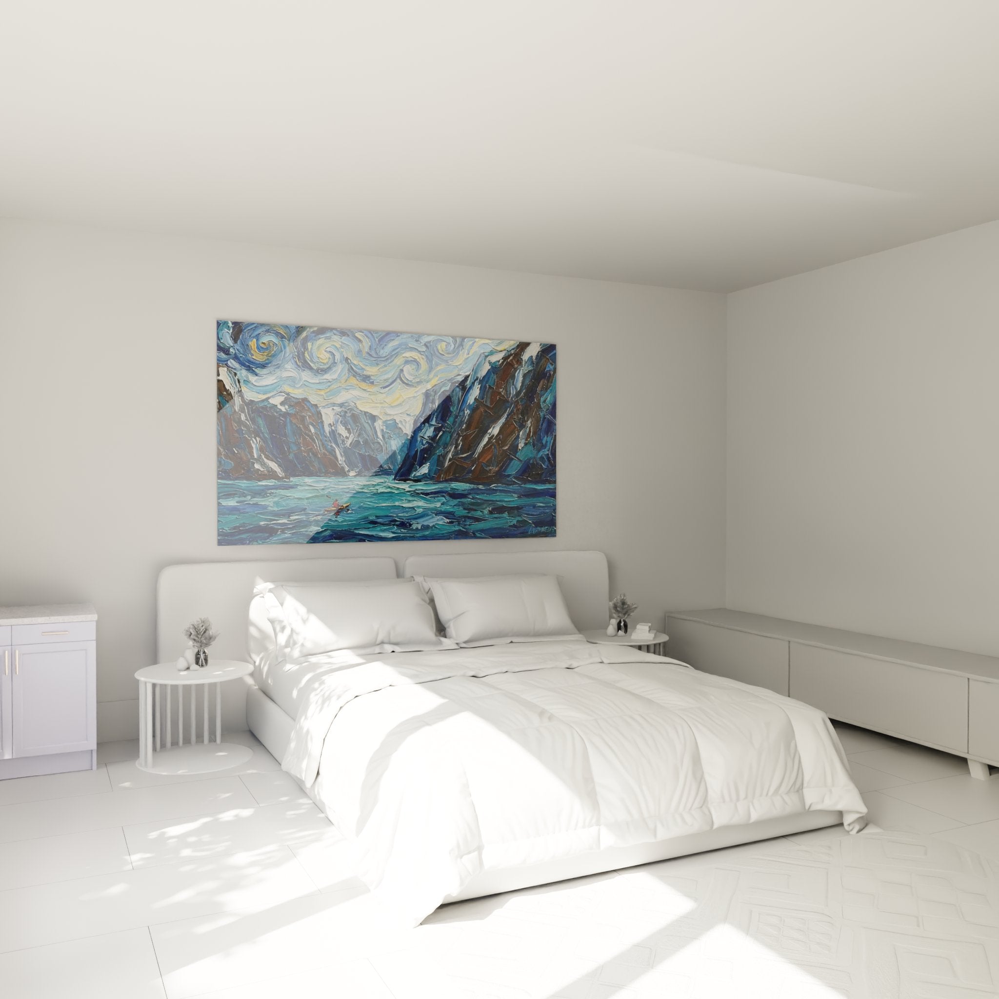 Decoration murale kayak fjords nordiques accrochee dans chambre moderne style scandinave