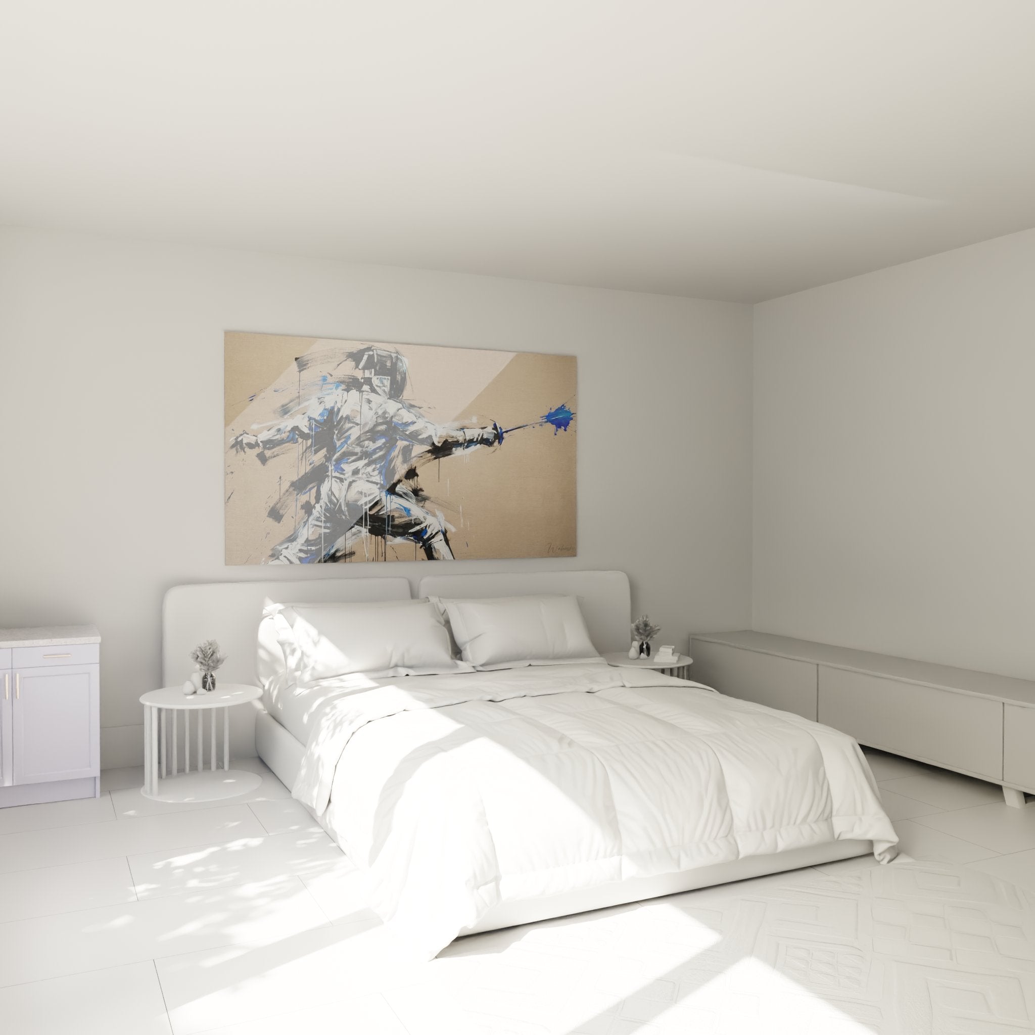 Tableau escrimeur moderne dans chambre contemporaine, decoration murale artistique escrime