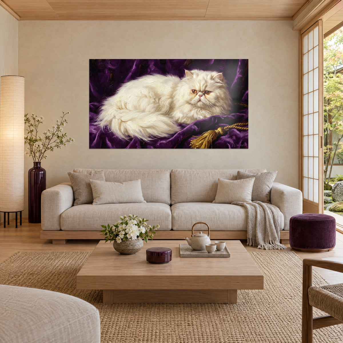 Cuadro de un gato persa blanco de pelo largo color marfil y ojos ámbar sobre terciopelo violeta con cordón dorado, encima de un sofá en un salón luminoso