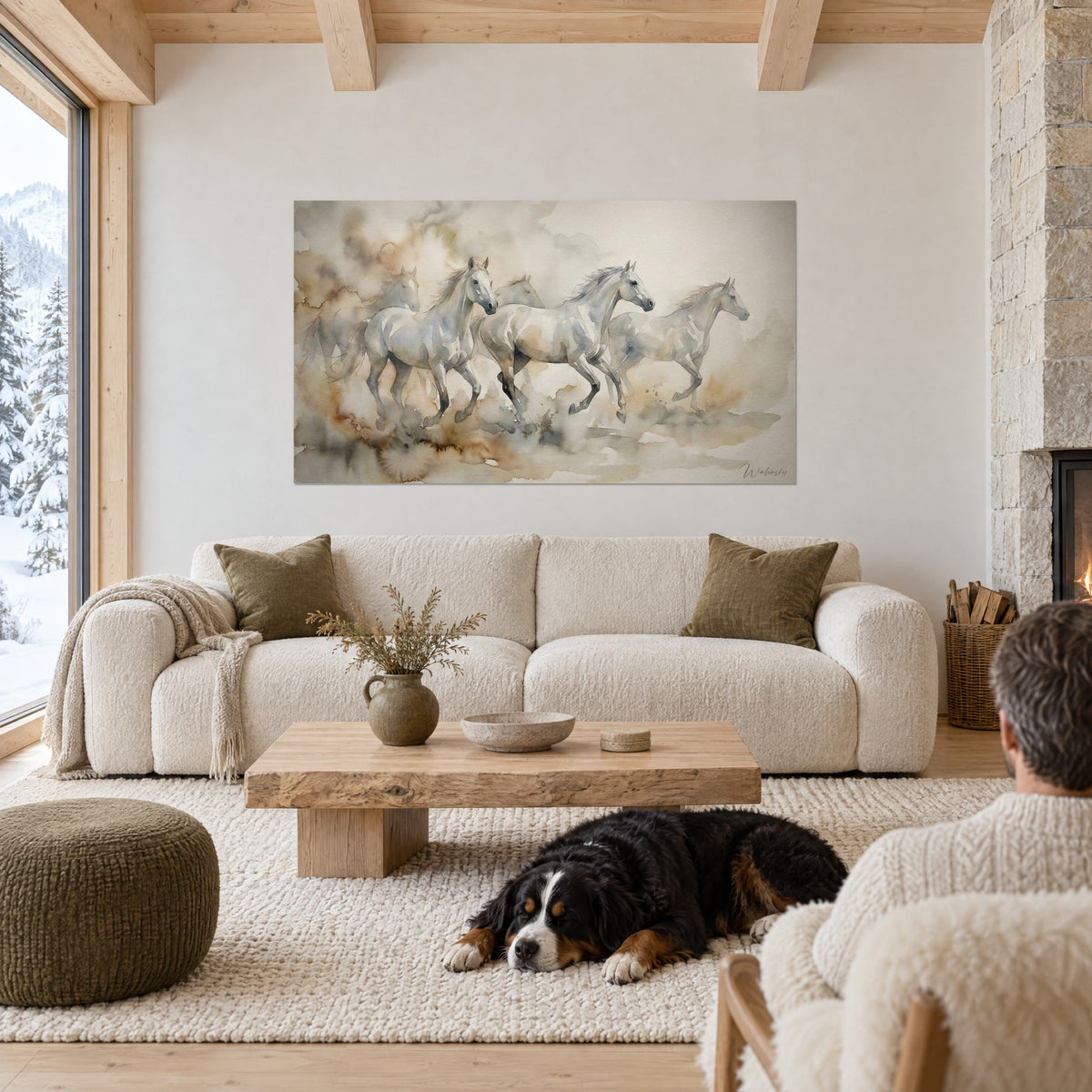 Wall art white horses galloping in watercolor, grey and sand ochre manes, above a sofa in a bright living room