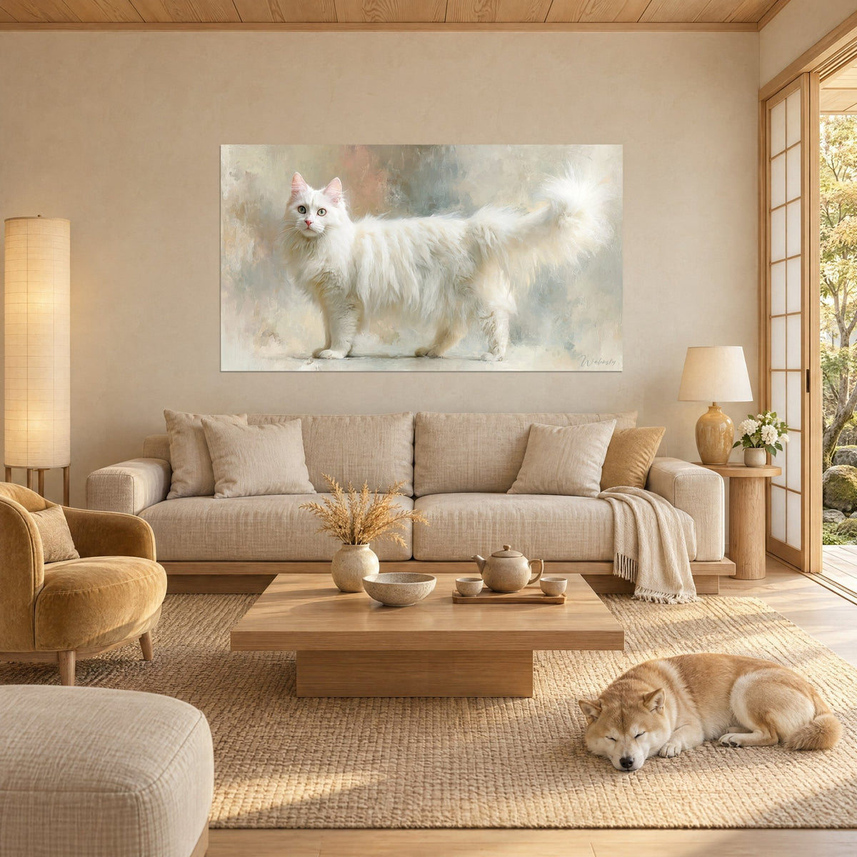 Schilderij witte Angora-kat met groene ogen, donkere crèmekleurige vacht op verbleekte roze en blauwe achtergrond, boven een bank in een lichte woonkamer