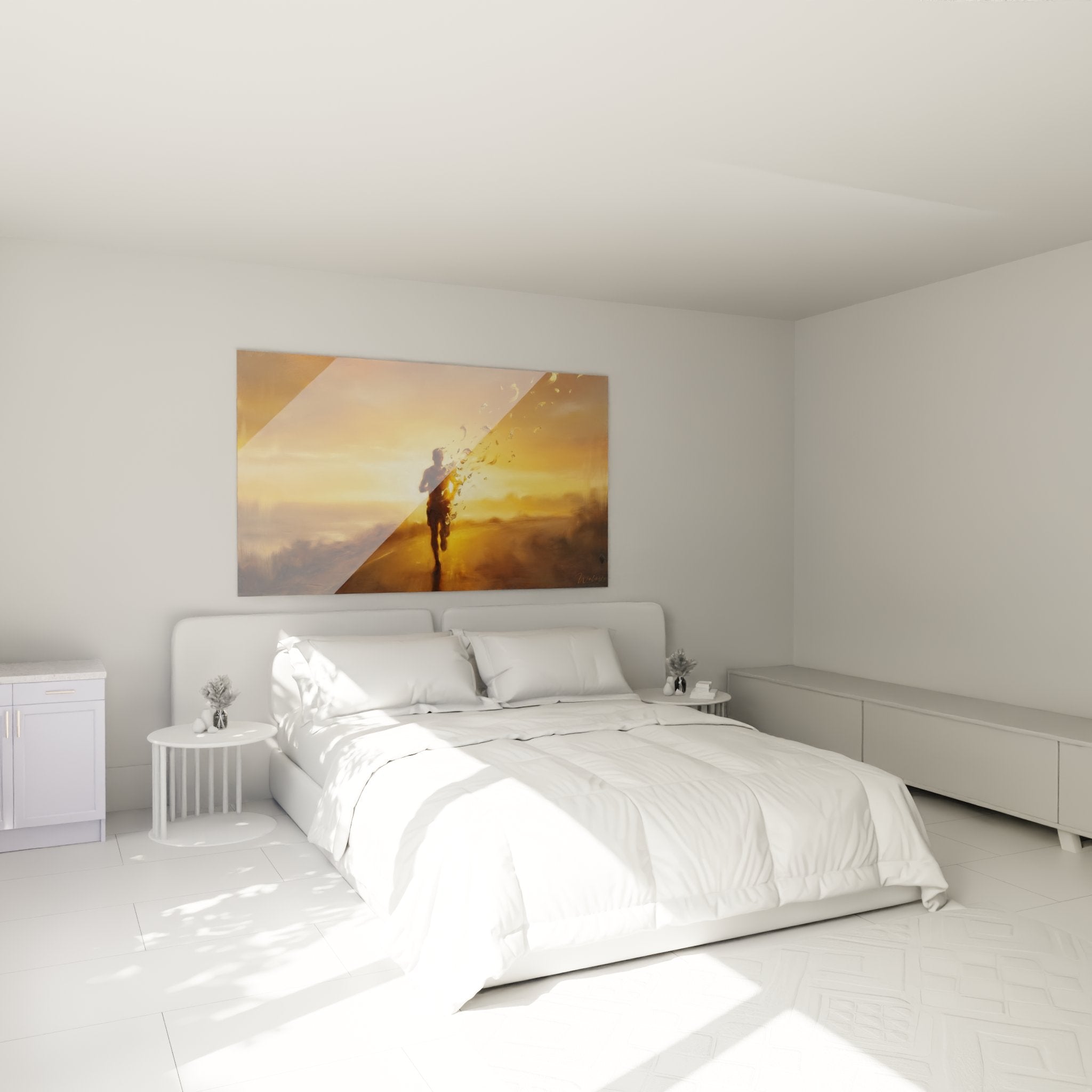 Décoration murale chambre tableau coureur coucher soleil ambiance dorée art athlétisme inspirant