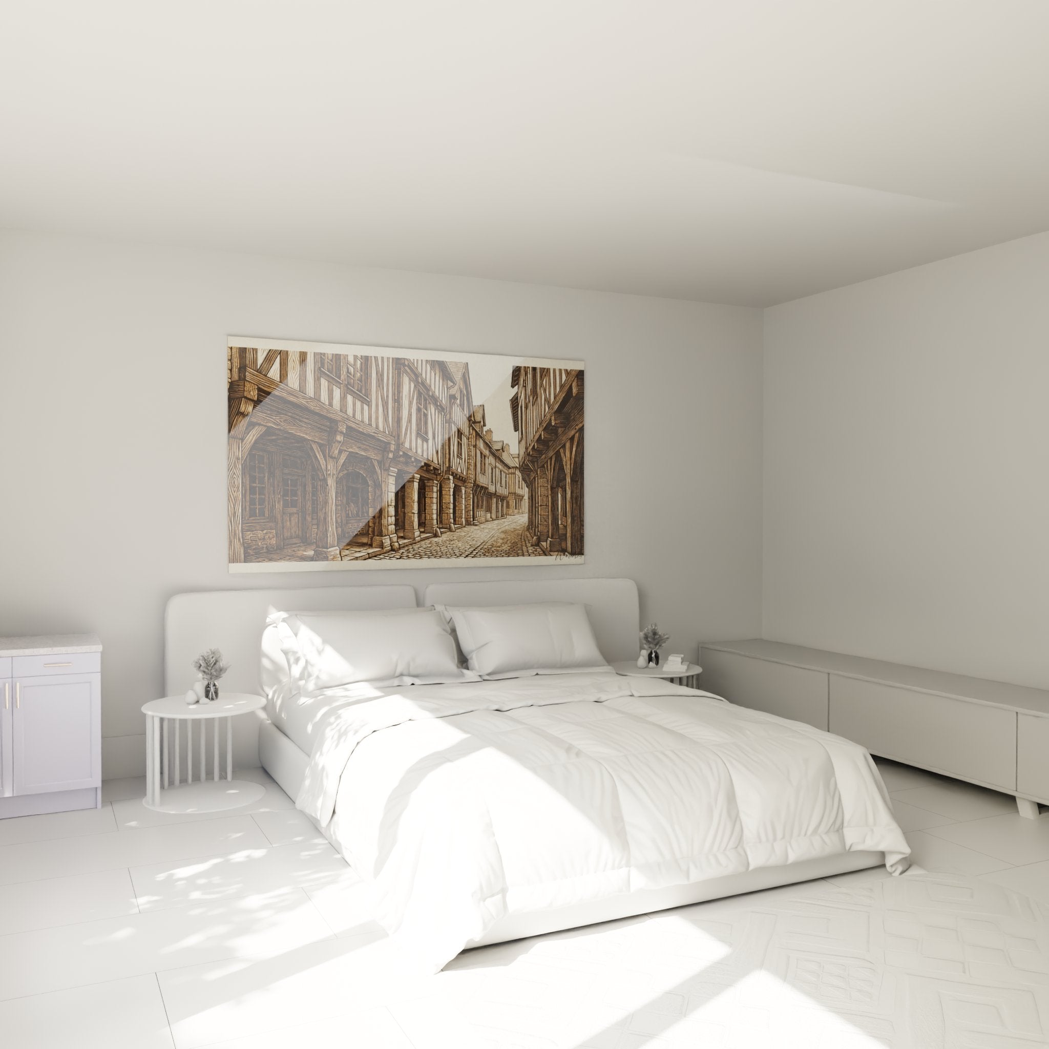 Tableau architecture médiévale bretonne installé dans une chambre moderne avec déco contemporaine