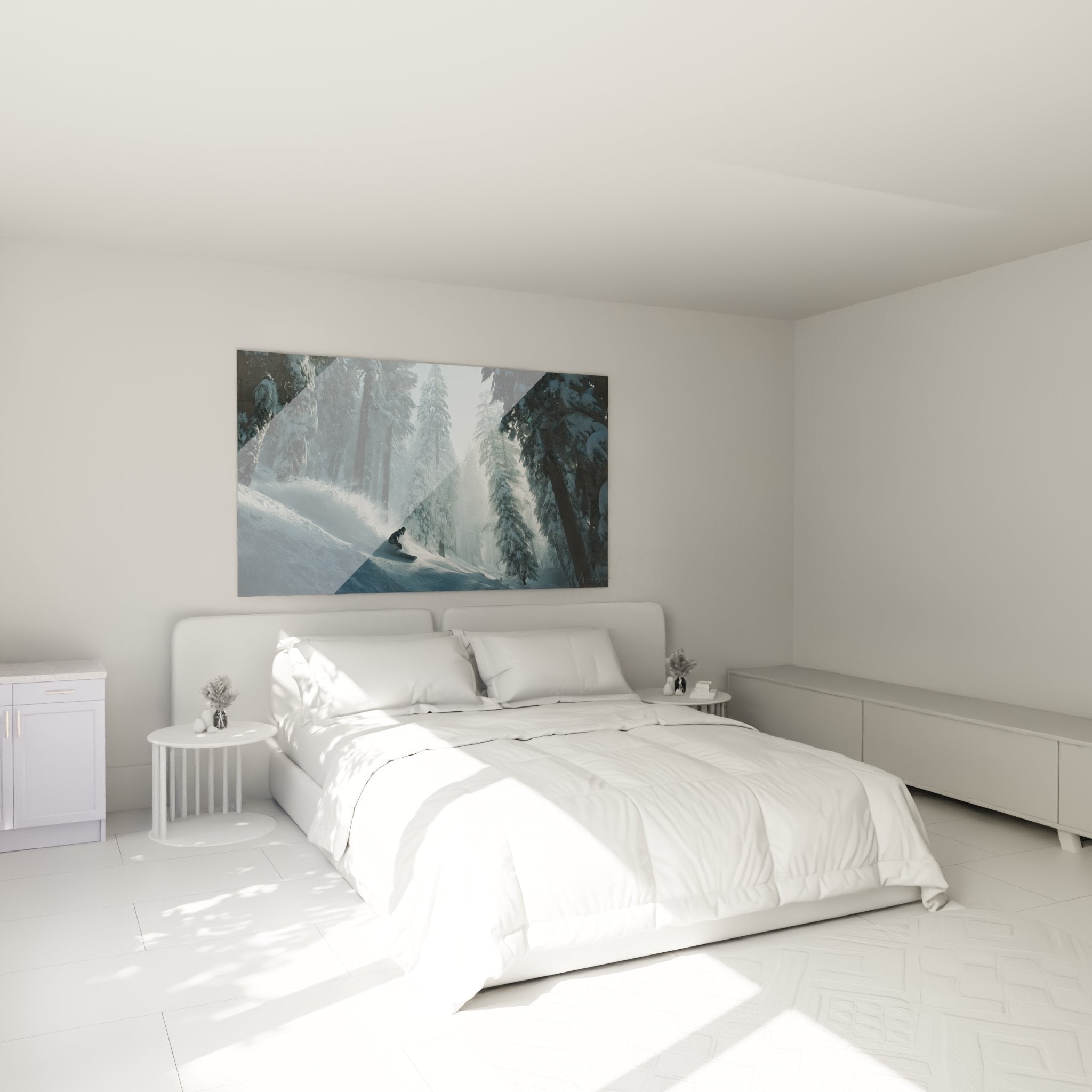 Deco chambre tableau snowboard poudreuse ambiance cosy montagne rider foret enneigee art mural sport glisse hiver