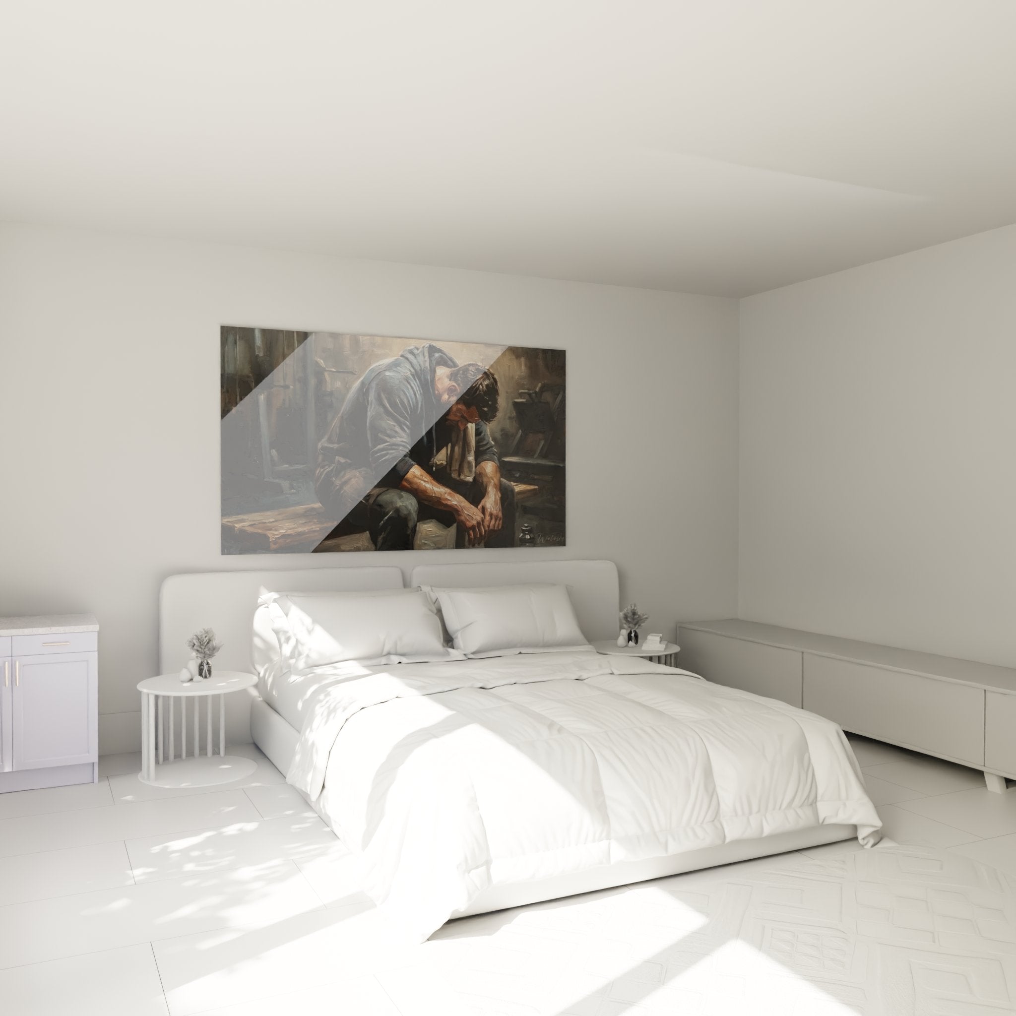 Décoration murale artisan menuisier dans une chambre moderne, ambiance chaleureuse et authentique