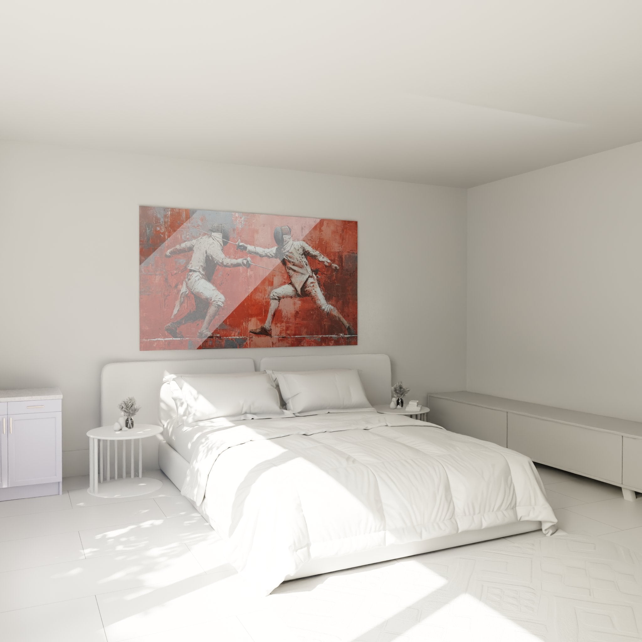 Décoration murale escrime dans chambre moderne avec tableau duel artistique épée sport martial