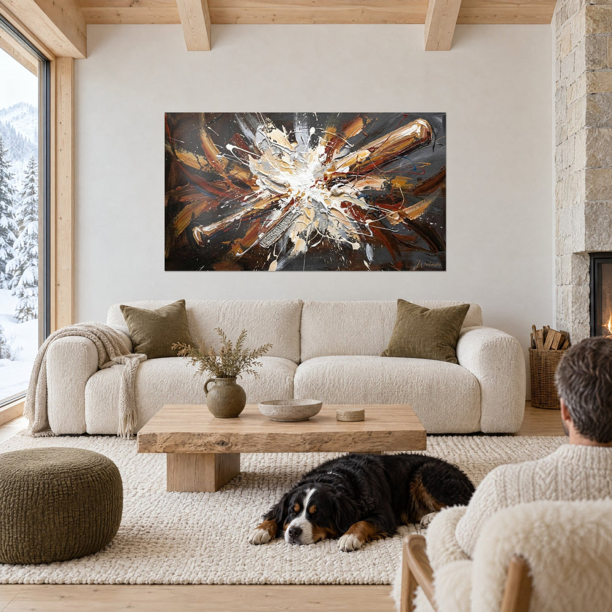 Wall art paint explosion in white and brown baseball bats on charcoal background, couple seen from behind and a dog, above a sofa in a bright living room