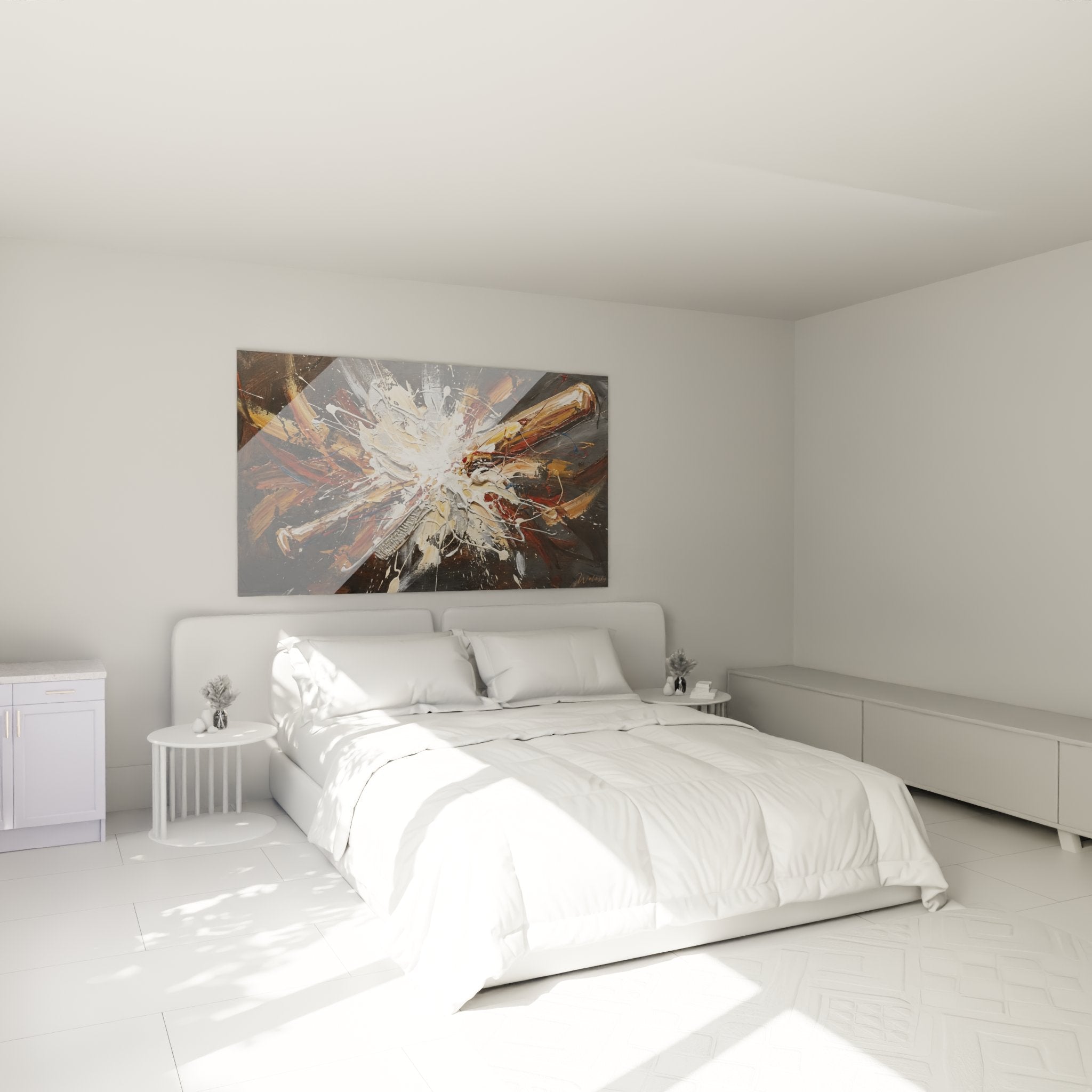 Tableau explosion baseball accroche dans chambre moderne, decoration murale sport avec tons marron et blanc