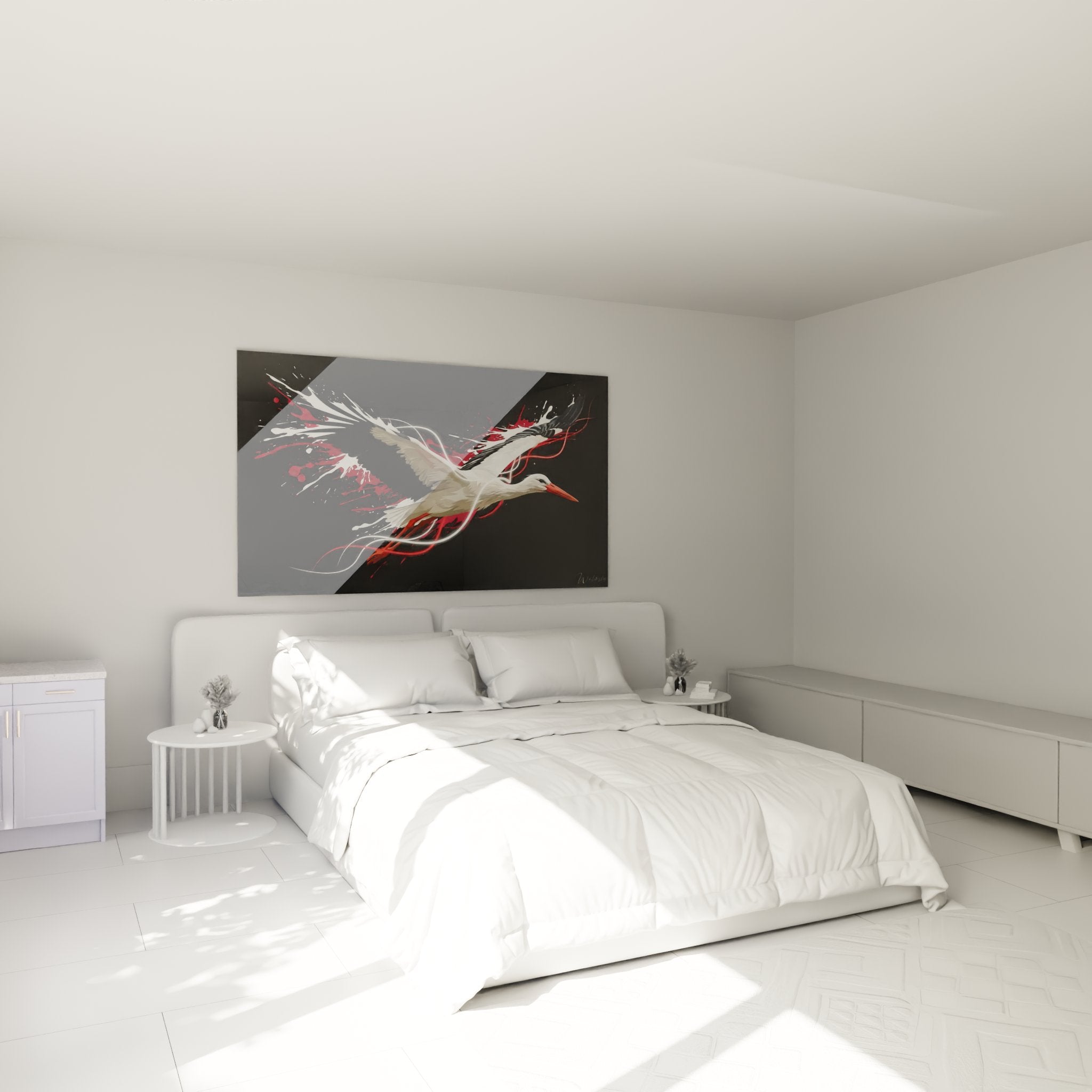 Tableau cigogne moderne dans chambre contemporaine - décoration murale élégante avec oiseau artistique