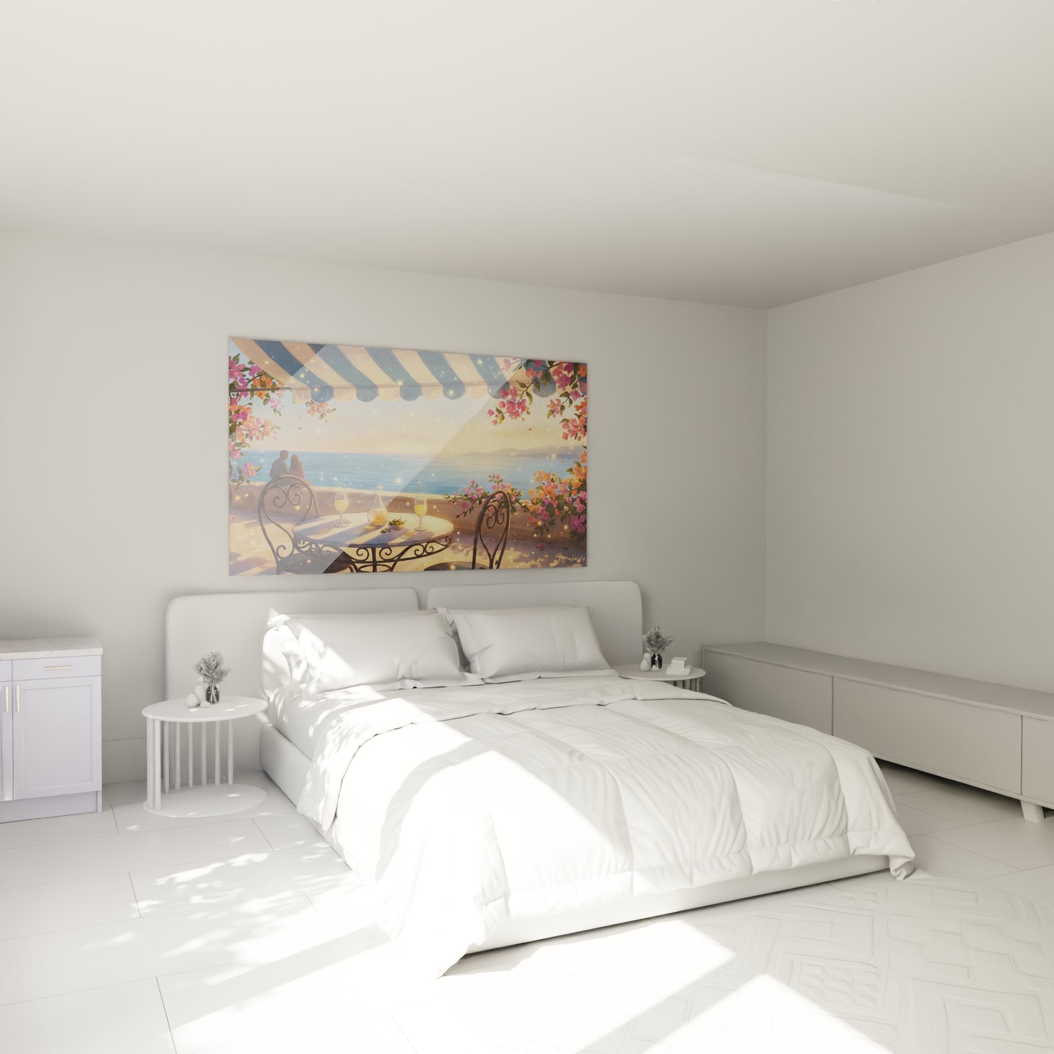 Décoration murale terrasse Côte d'Azur dans chambre moderne, ambiance méditerranéenne et romantique