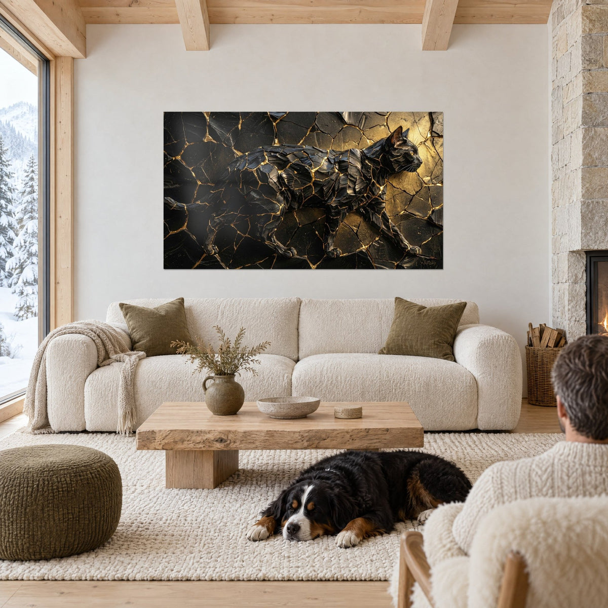 Wall art black panther with gold kintsugi cracks, slate background and gilded accents, reclining dog, above a sofa in a bright living room