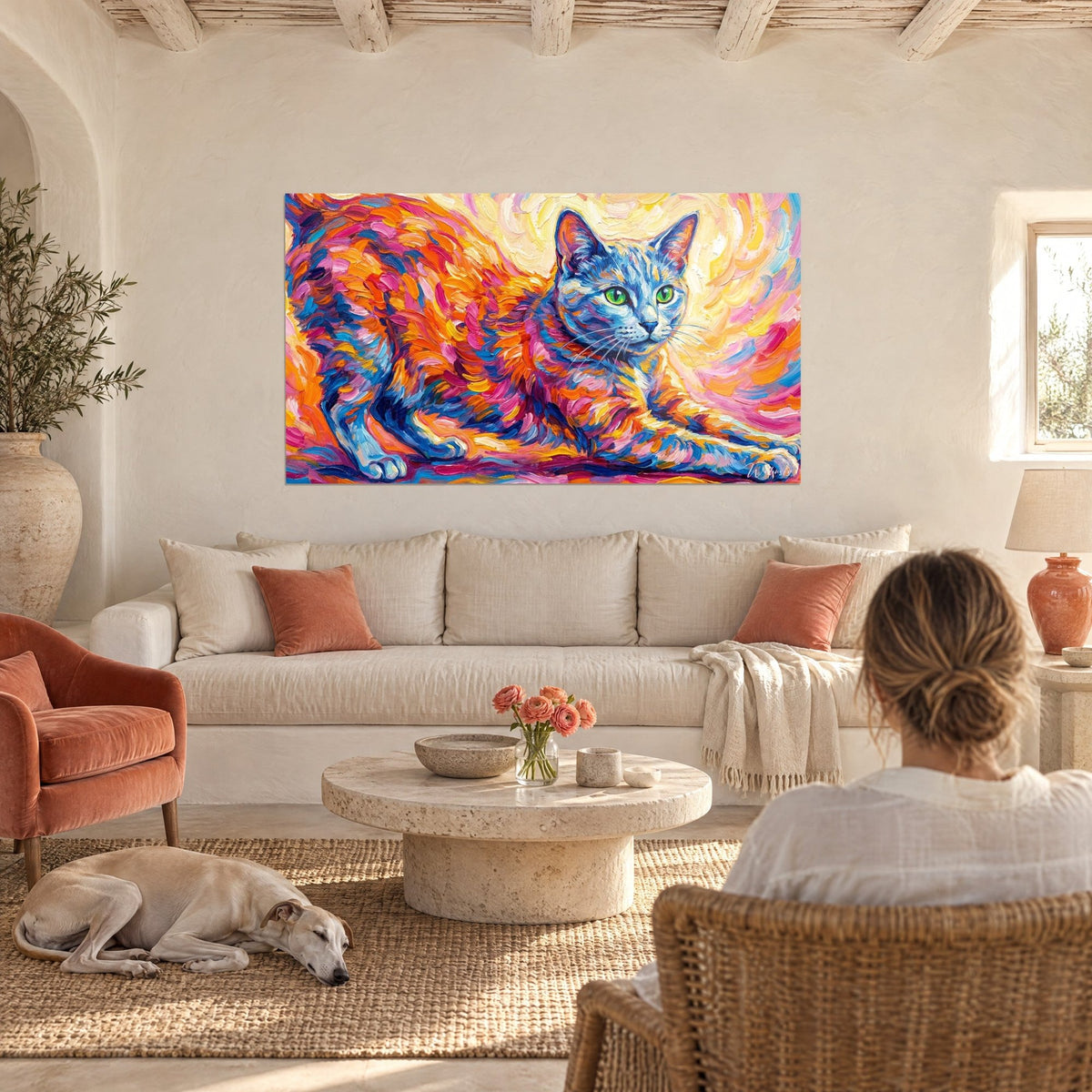 Tableau chat Russian Blue aux yeux verts, pelage orange et rose en coups de pinceau, au-dessus d'un canapé dans un salon lumineux