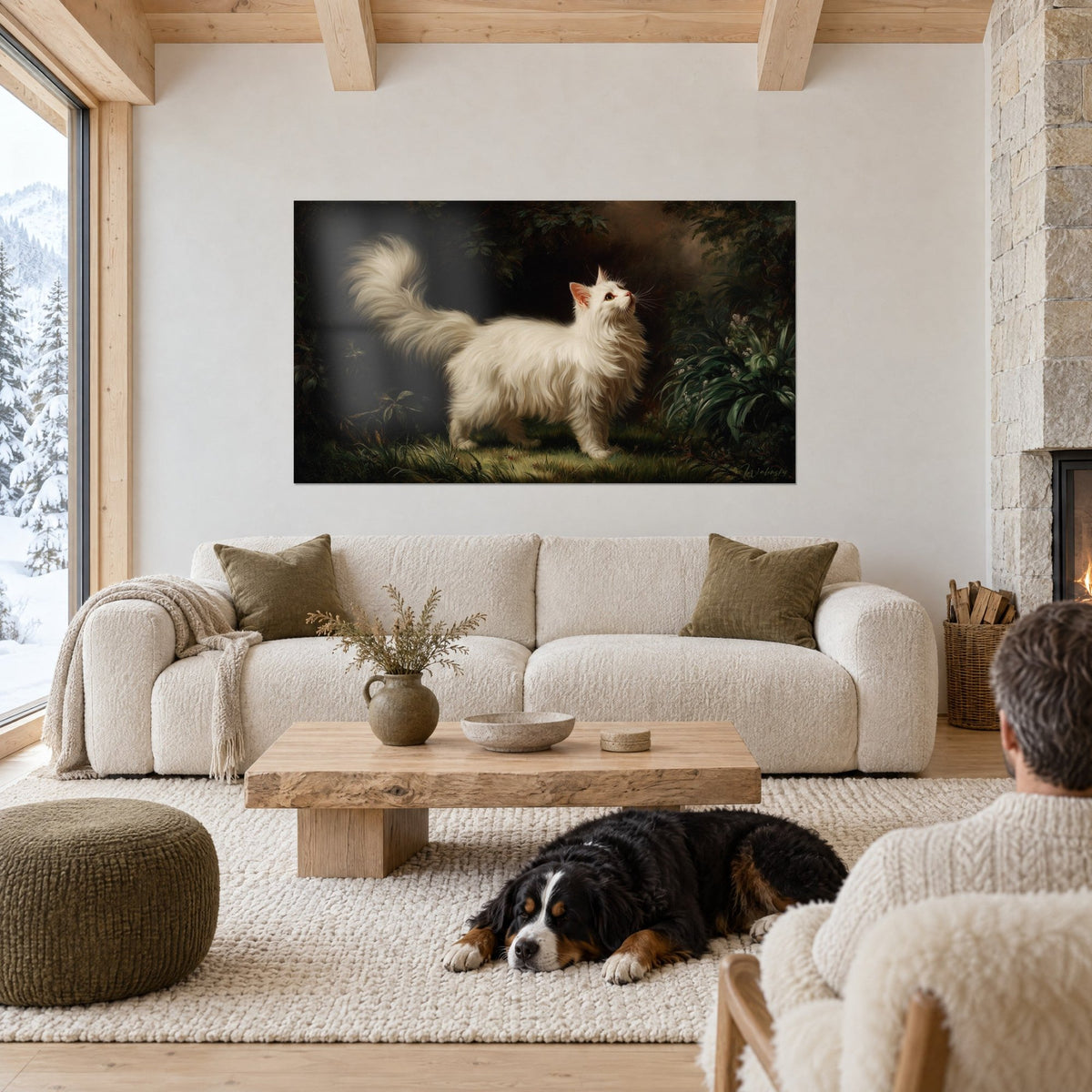 Gemälde weiße Angora-Katze mit seidigem Fell, buschigem Schwanz, dunkelgrüner Hintergrund, auf einem cremefarbenen Sofa neben einem schwarzen Hund