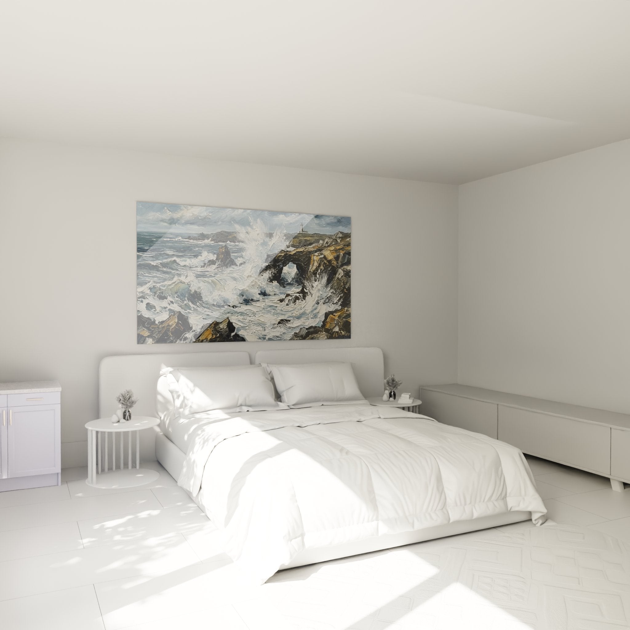 Tableau côte bretonne tempête dans chambre moderne, décoration murale maritime avec phare et vagues