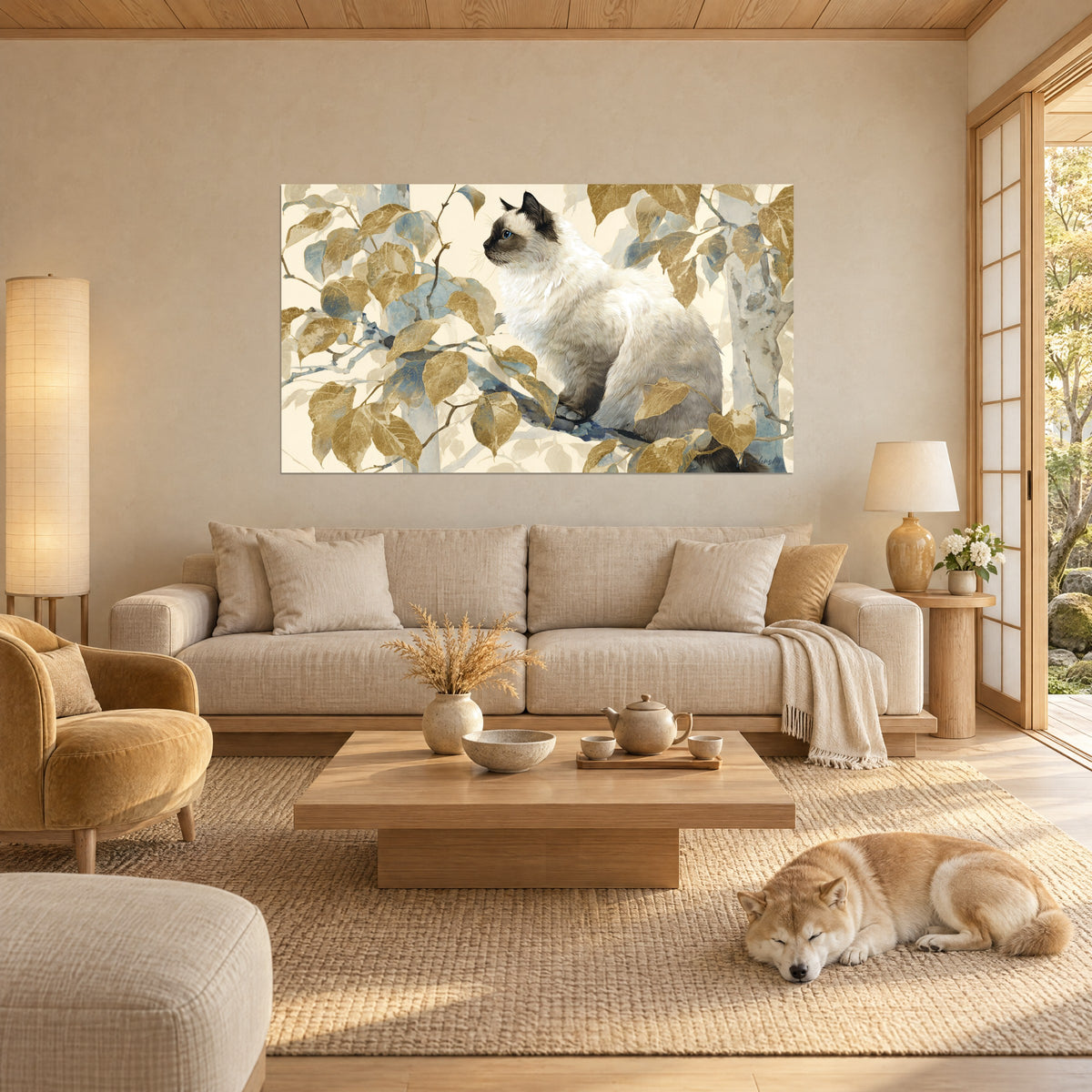 Wall art cream Birman cat with brown mask, perched among golden and blue-green leaves, above a sofa in a bright living room