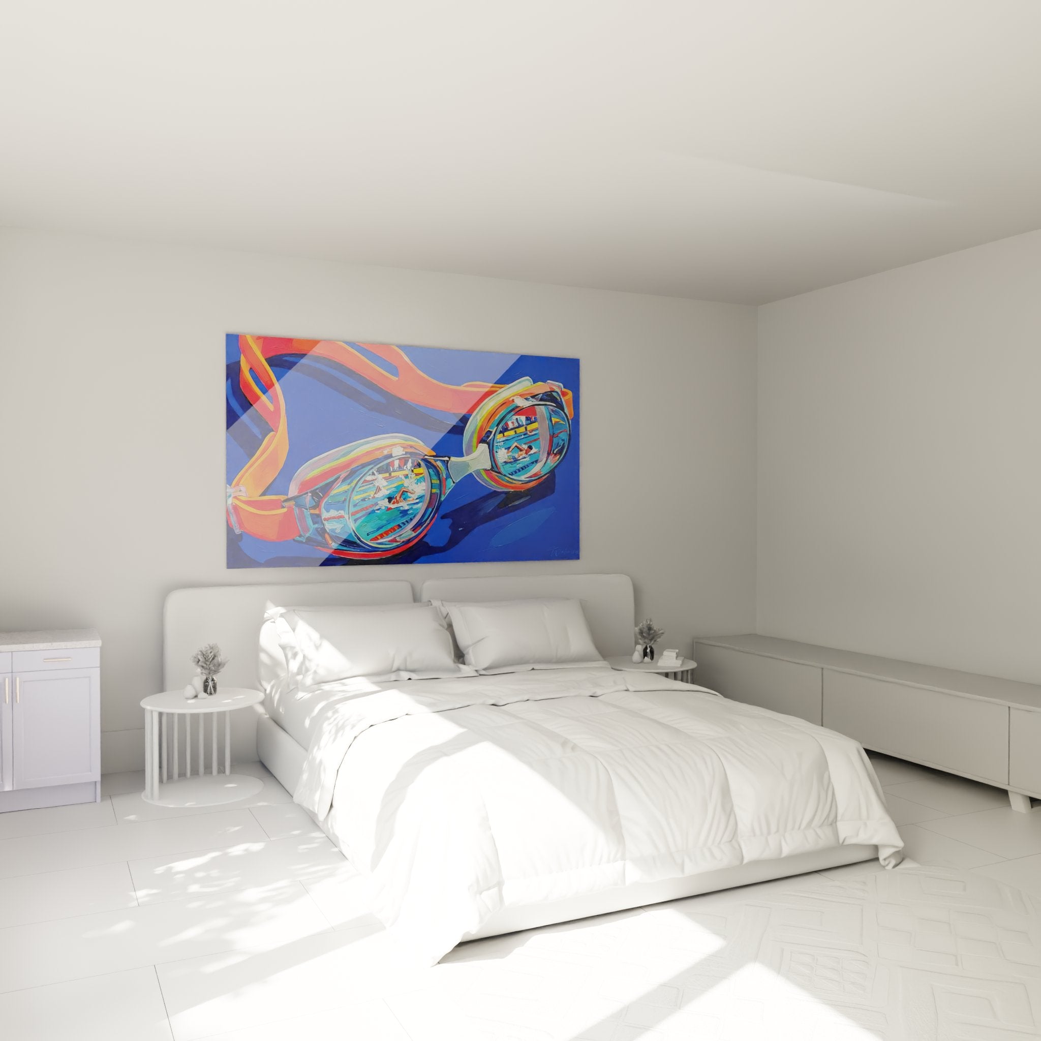 Tableau lunettes natation dans chambre moderne décoration murale art aquatique bleu orange design contemporain