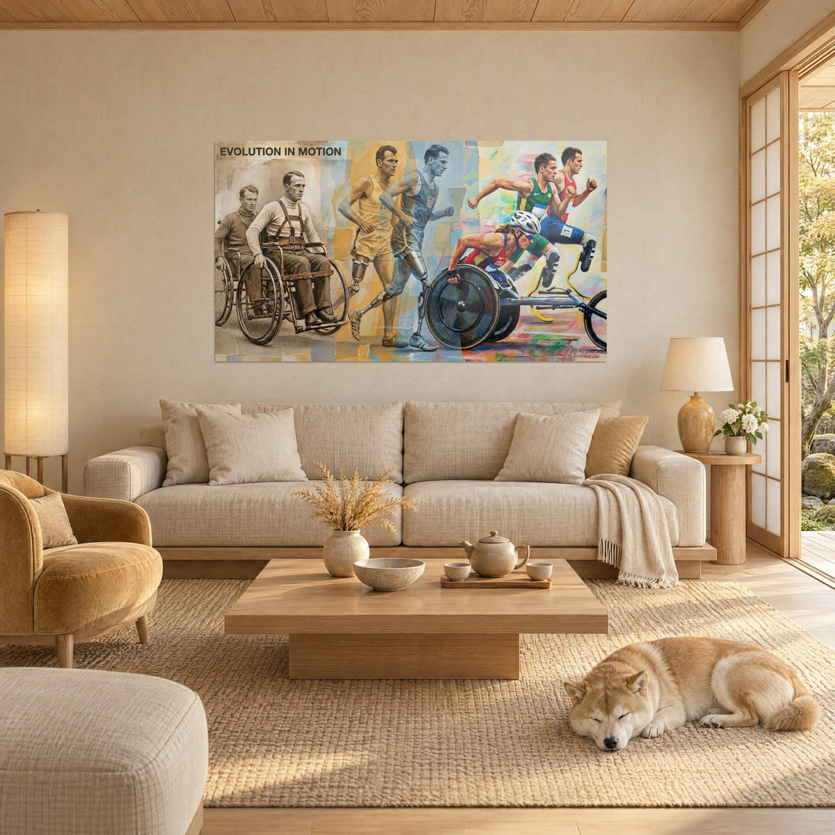 Wall art paralympic athletes in ochre and blue fresco, vintage armchair with brown straps, reclining Shiba, above a sofa in a bright living room
