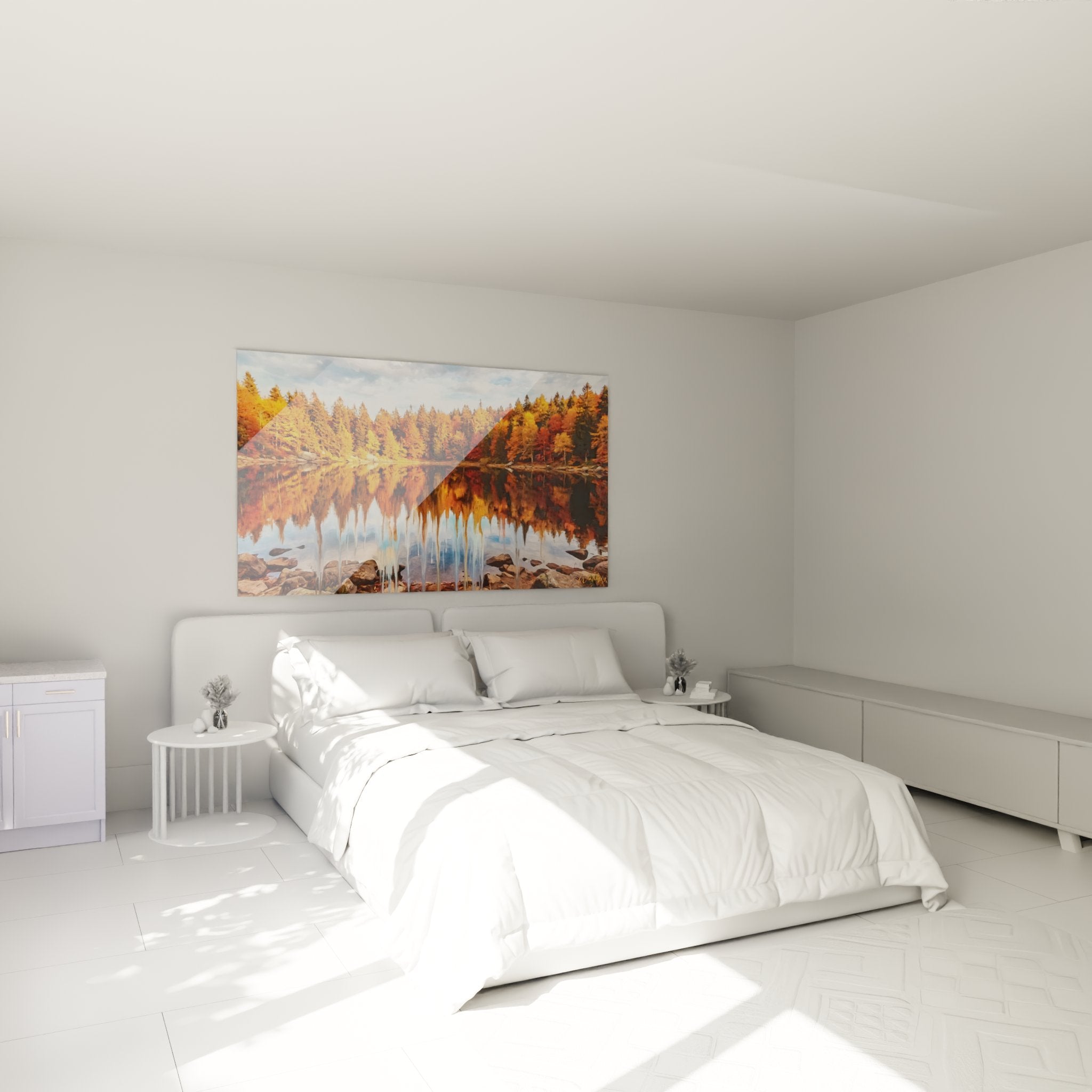 Tableau lac automne Alsace dans chambre moderne reflets dorés forêt decoration murale nature