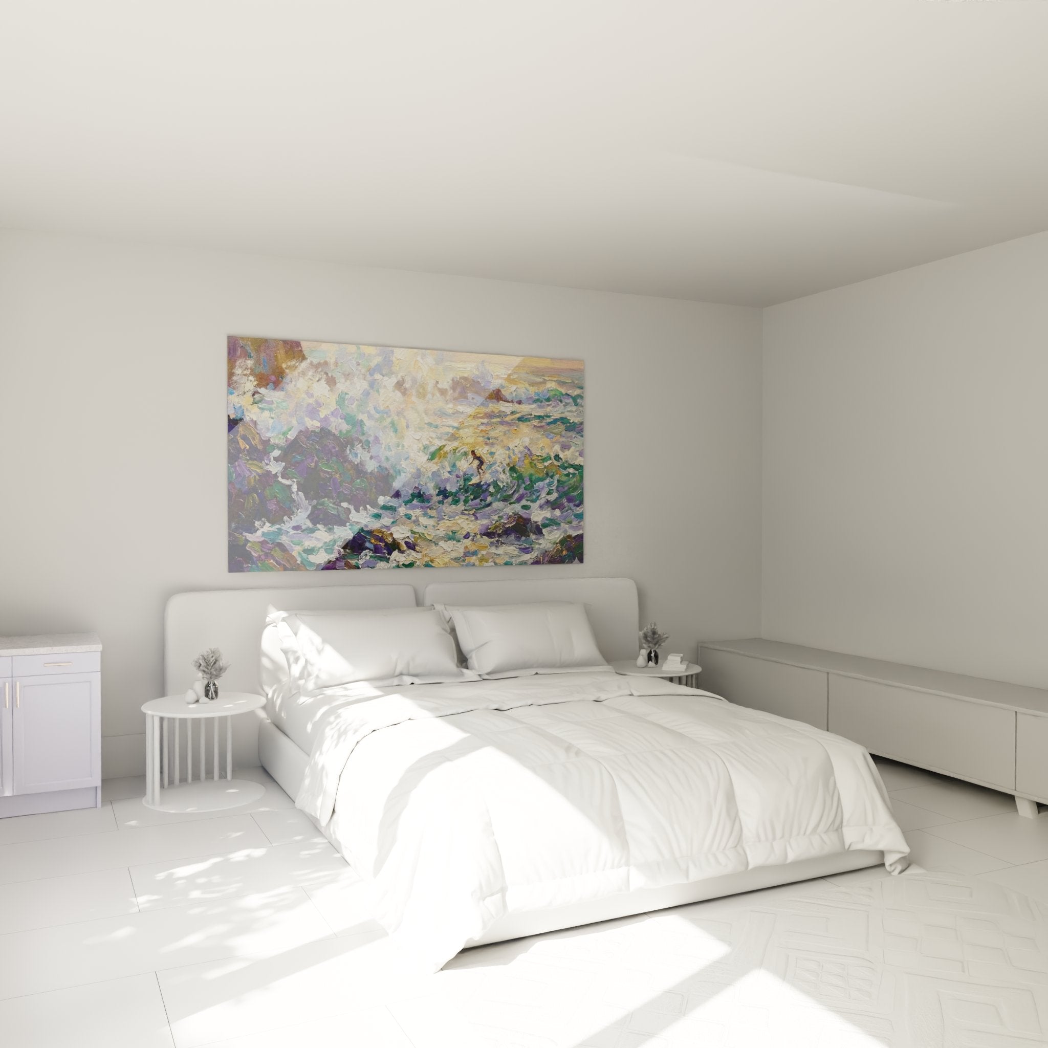 Tableau vague océanique installé dans une chambre moderne, apportant l'énergie surf à la décoration murale