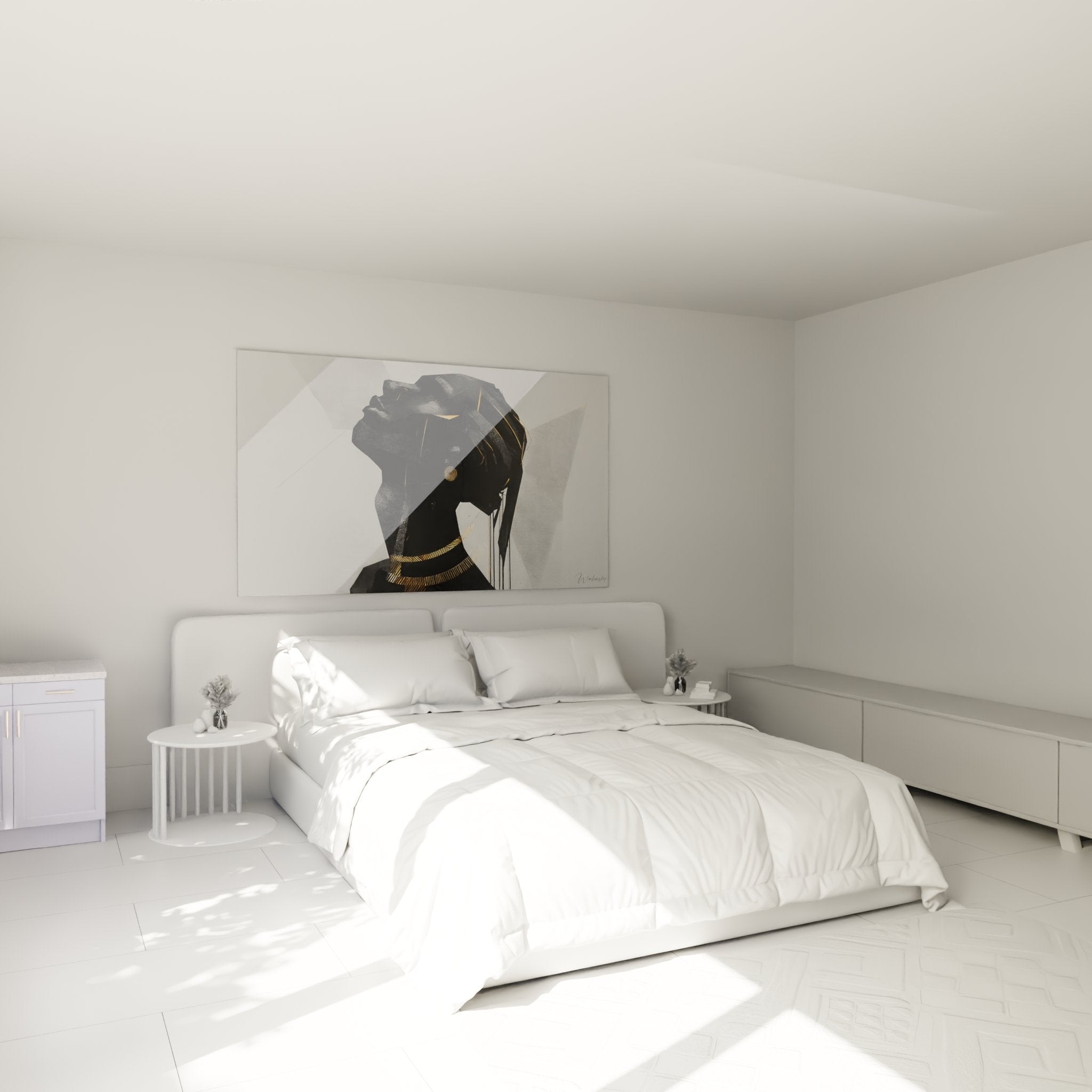 Decorazione camera da letto con quadro donna africana moderna con accenti dorati stile contemporaneo