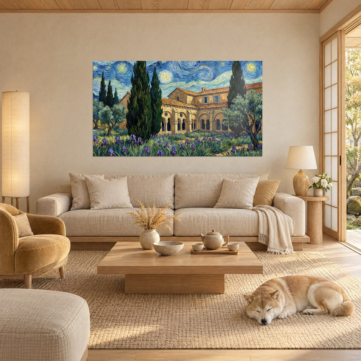 Quadro Monastero provenzale sotto un cielo vorticoso blu e giallo, cipressi scuri, iris viola, sopra un divano in un soggiorno luminoso