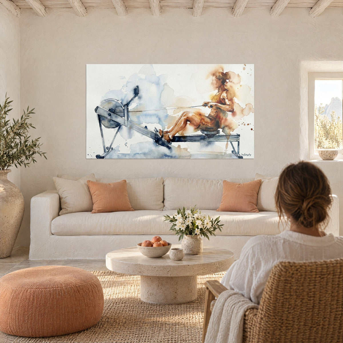 Wall art rower mid-effort, watercolour in ochre orange and grey blue, hanging above a sofa in a bright living room
