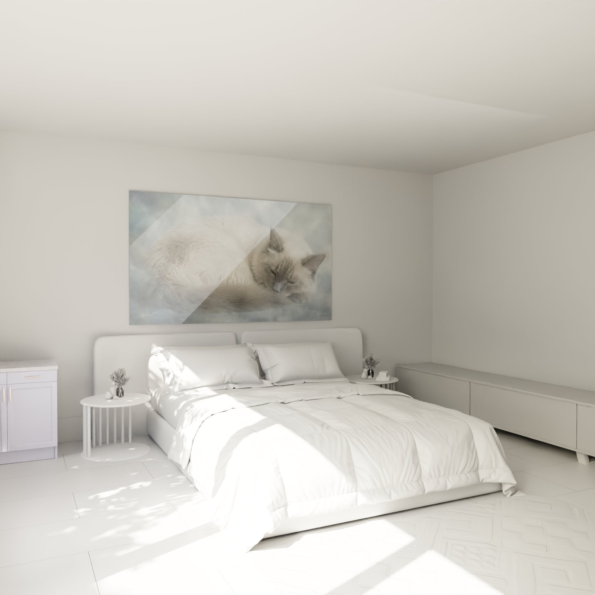 Tableau chat Balinais endormi dans chambre moderne, décoration murale apaisante tons beiges et crème