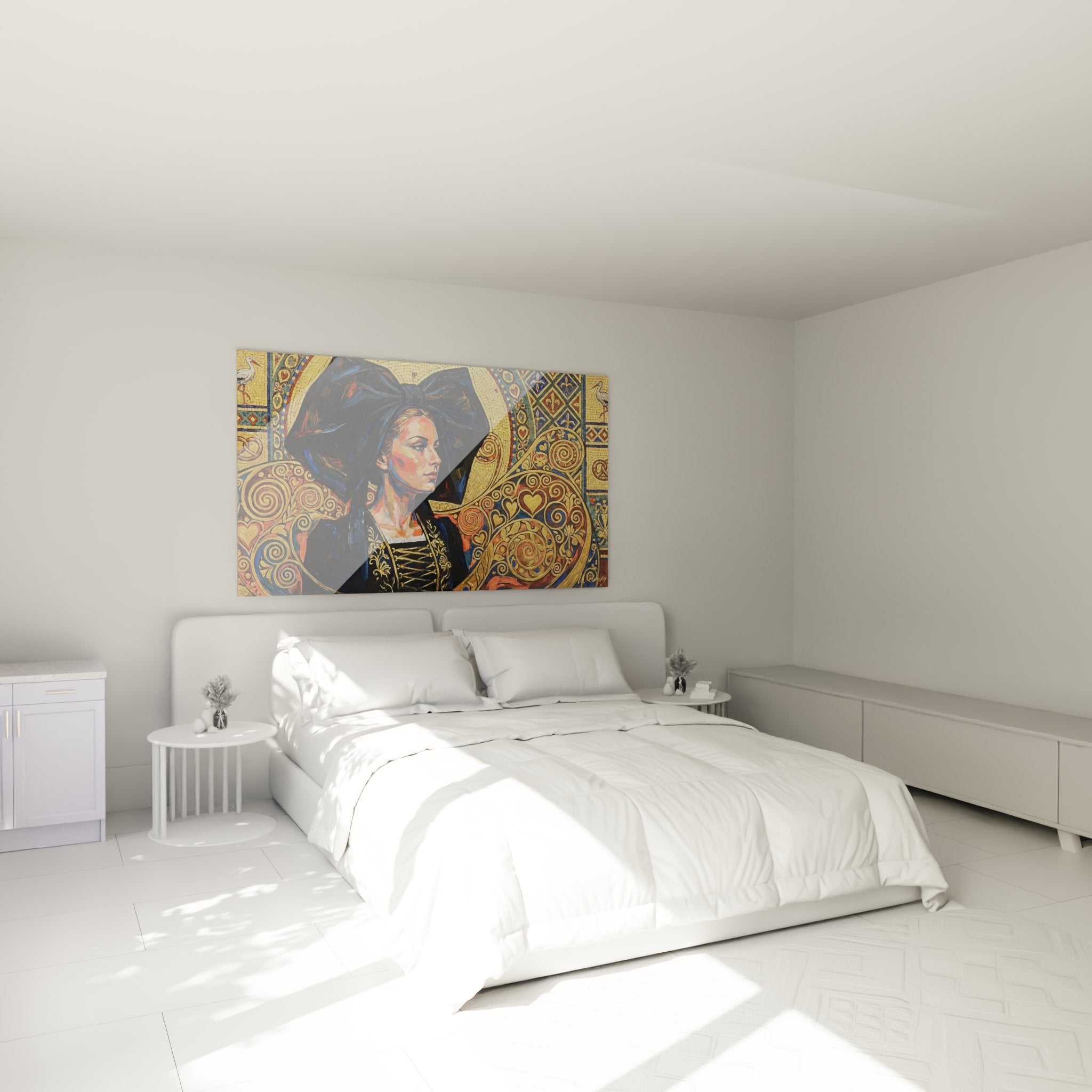 Tableau femme alsacienne art moderne accroché dans une chambre avec décoration contemporaine