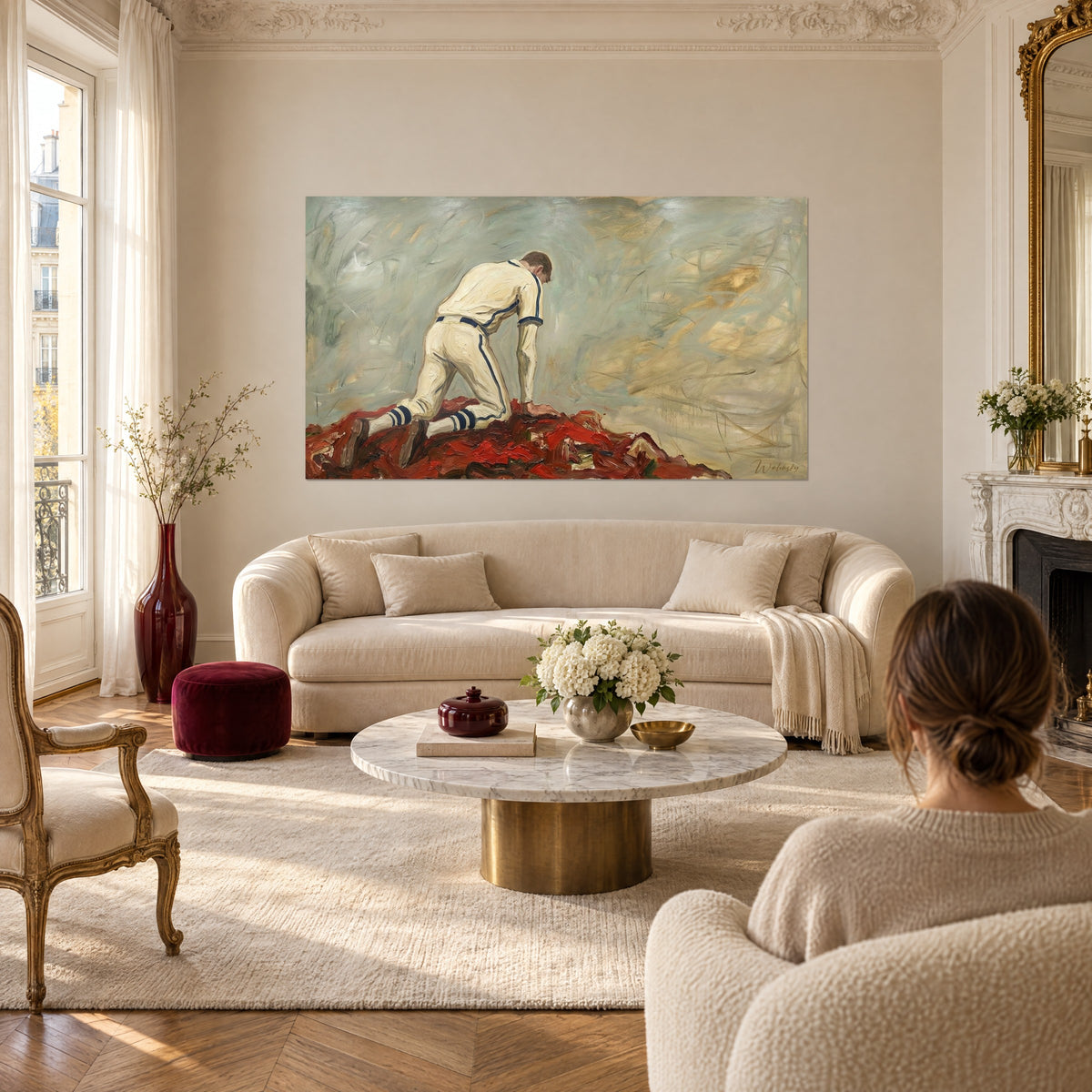 Wall art of a kneeling baseball player, cream jersey with navy blue stripes on a carmine red mound, above a sofa in a bright living room