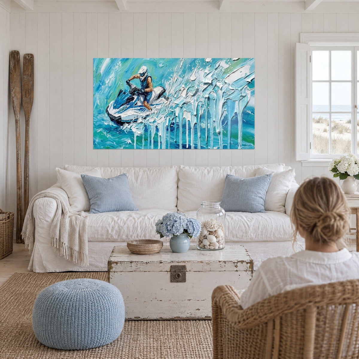 Wall art Jet-ski pilot in a helmet slicing through turquoise and white waves, thick palette-knife texture, above a sofa in a bright living room