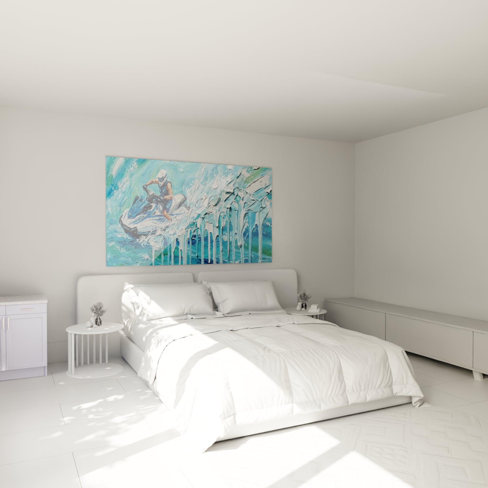 Tableau jetski arctique exposé dans une chambre moderne avec décoration nautique contemporaine