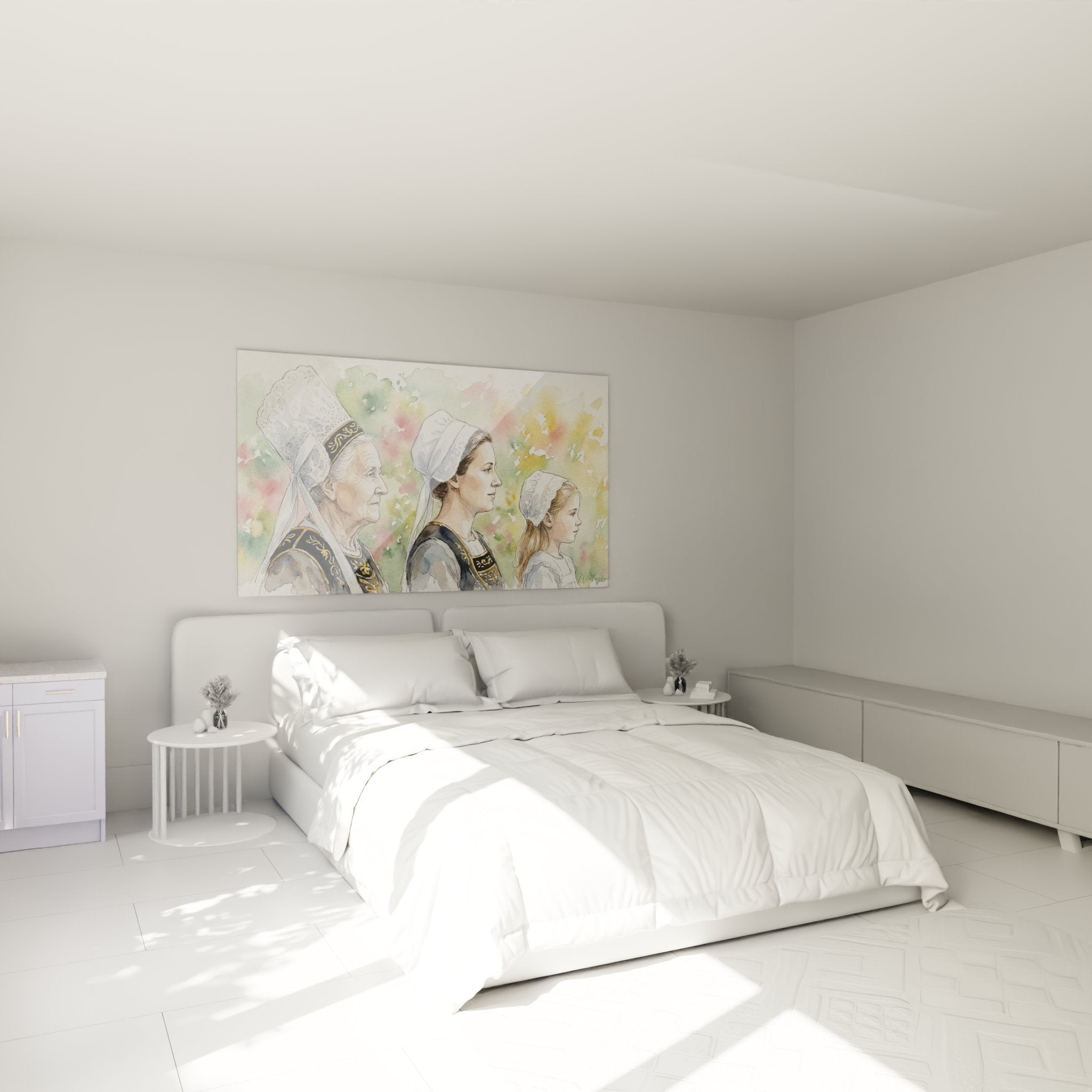 Decoration chambre tableau trois generations bretonnes coiffes blanches art regional breton aquarelle murale