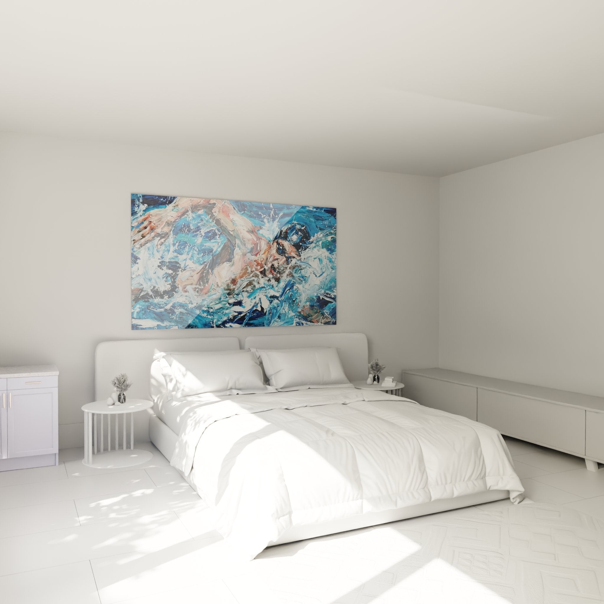 Décoration murale natation dans chambre moderne avec tableau bleu océan style artistique contemporain