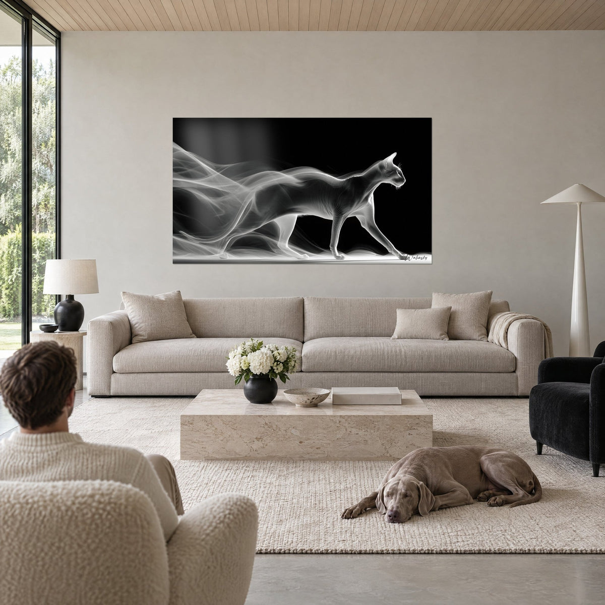 Quadro gatto Peterbald che scivola tra volute di fumo bianco su fondo nero, sopra un divano in un soggiorno luminoso