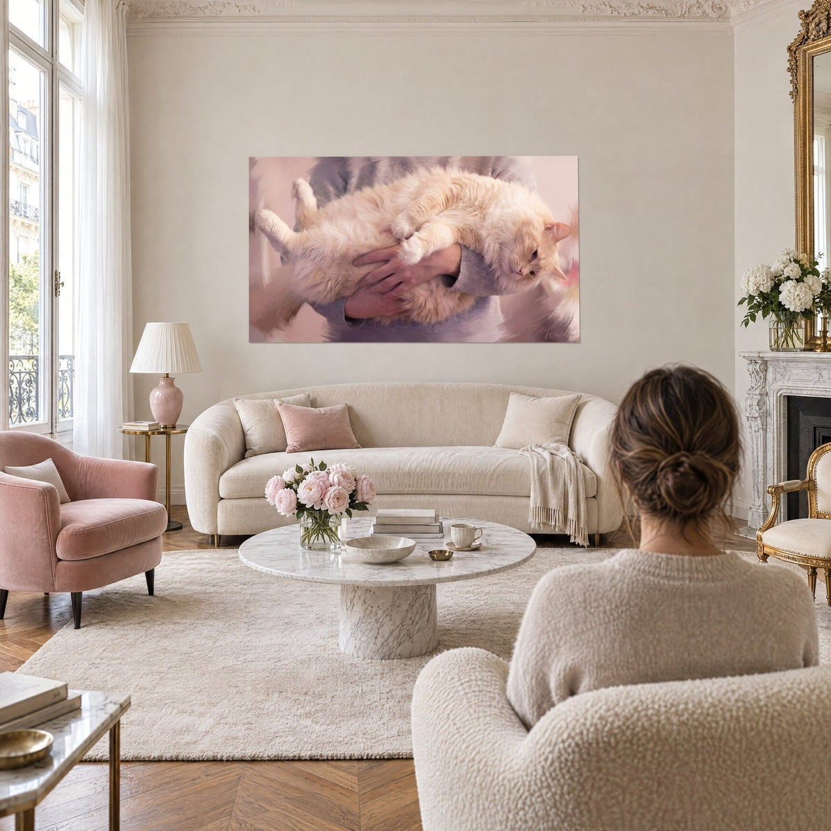 Tableau chat roux crème câliné dans les bras, pelage abricot et pull gris-mauve, au-dessus d'un canapé dans un salon lumineux