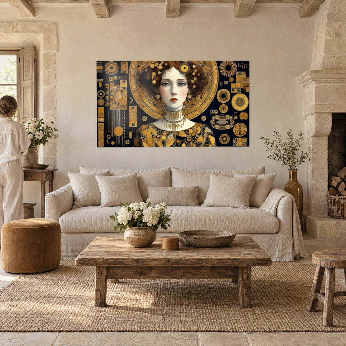 Cuadro retrato de mujer de rizos castaños sobre fondo negro con ornamentos geométricos dorados, encima de un sofá en un salón luminoso