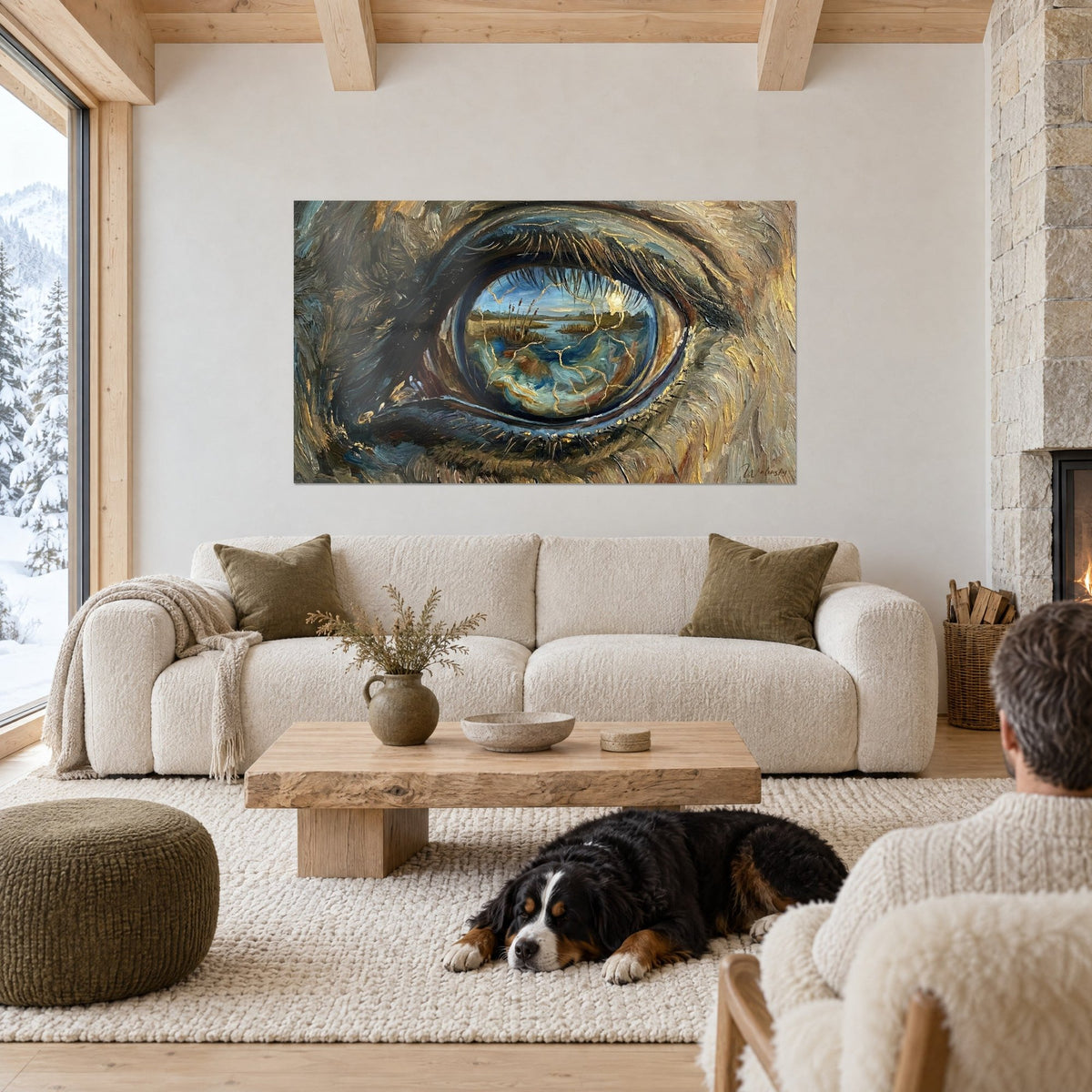 Gemälde Pferdeauge aus der Camargue mit Spiegelung von Schilf und einem goldenen, blauen und ockerfarbenen Sumpf, über einem Sofa in einem hellen Wohnzimmer