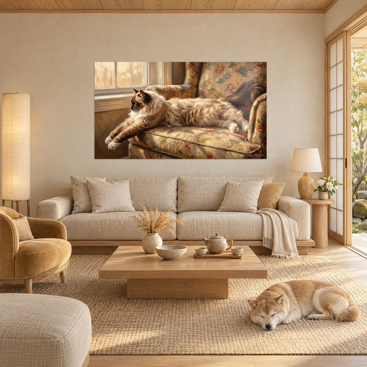 Wall art ragdoll cat stretched out on a floral armchair, cream and chocolate brown coat, a shiba sleeping above a sofa in a bright living room